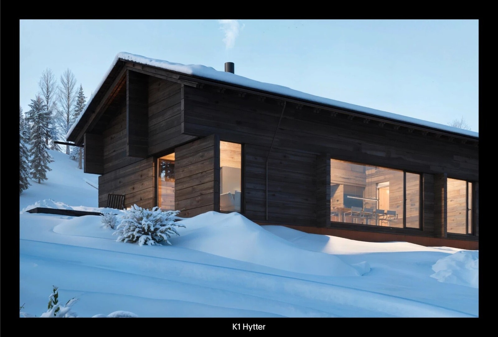 En moderne arkitekttegnet hytte med store vindusflater som gir deg utsikt fra både kjøkken, stue og hovedsoverom - her lever du tett på naturen. Galleribilde