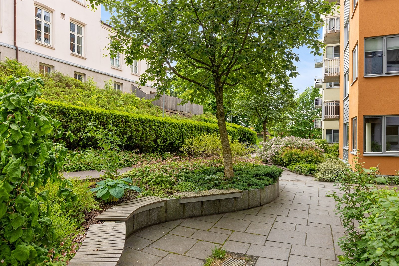 Bakgård med beplantning og hellelagte adkomststier. Galleribilde