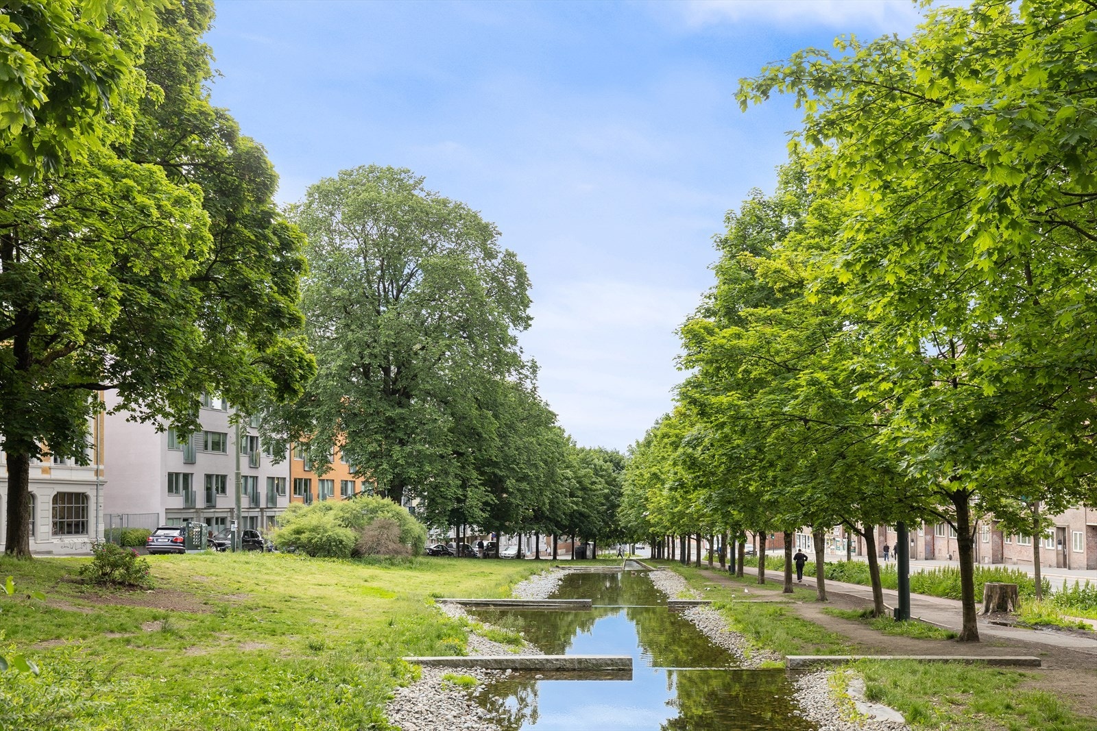Overblikk over parkområdet ved eiendommen. Blokken kan skimtes til venstre gjennom trærne. Galleribilde