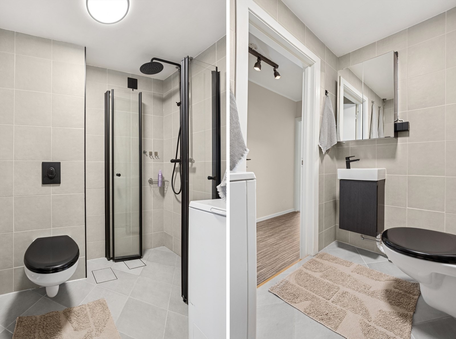 Badet fremstår som moderne og funksjonelt, med stilrene materialvalg og praktiske løsninger. Det er varme i gulv og opplegg til vaskemaskin. Galleribilde
