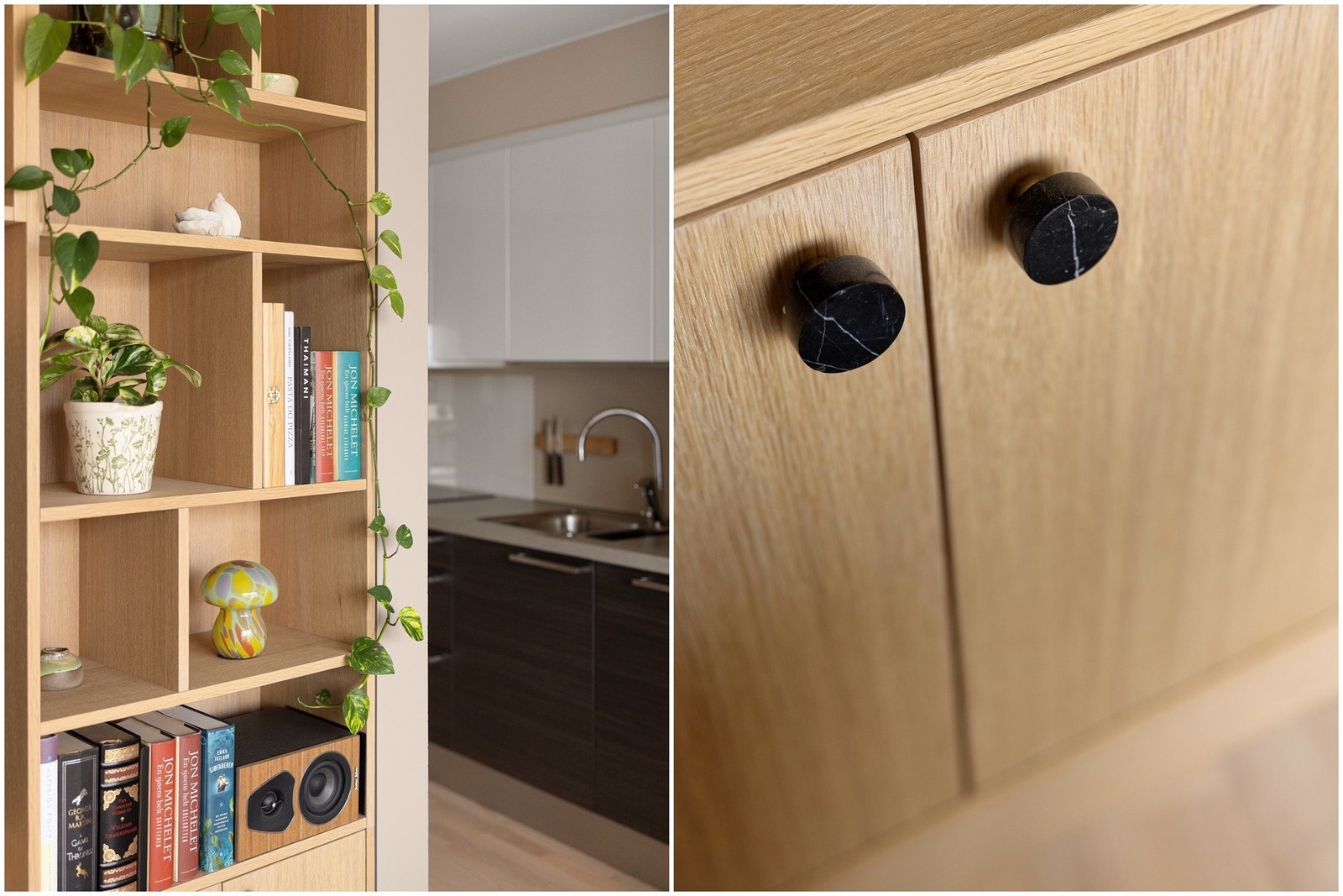 Spesialbygd hyllesystem følger boligen. Galleribilde