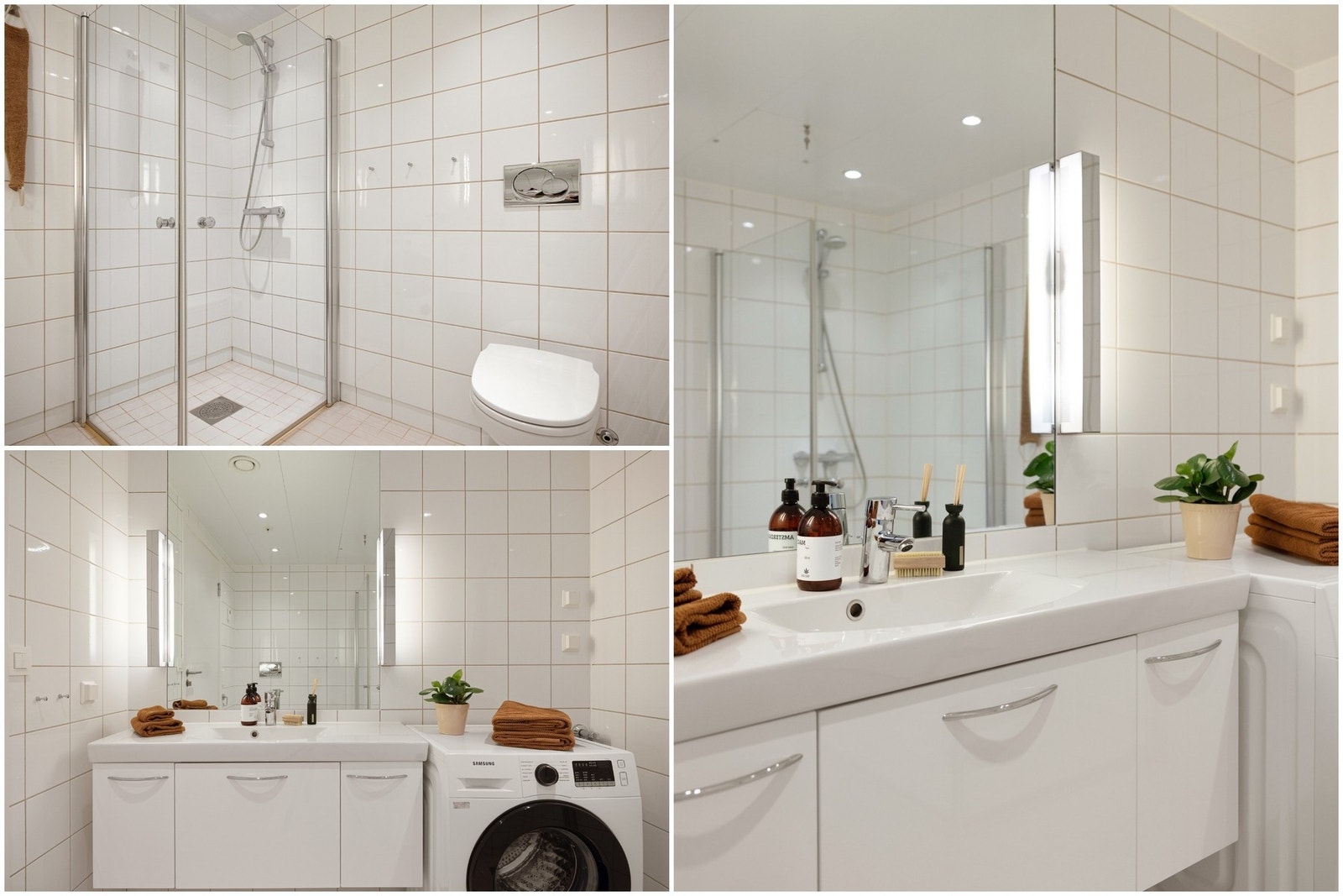 Inneholder heldekkende servant med skuffer/skap, speil m/ belysning, dusjhjørne med innfellbare dører i glass, vegghengt klosett og opplegg til vaskemaskin/tørketrommel. Galleribilde