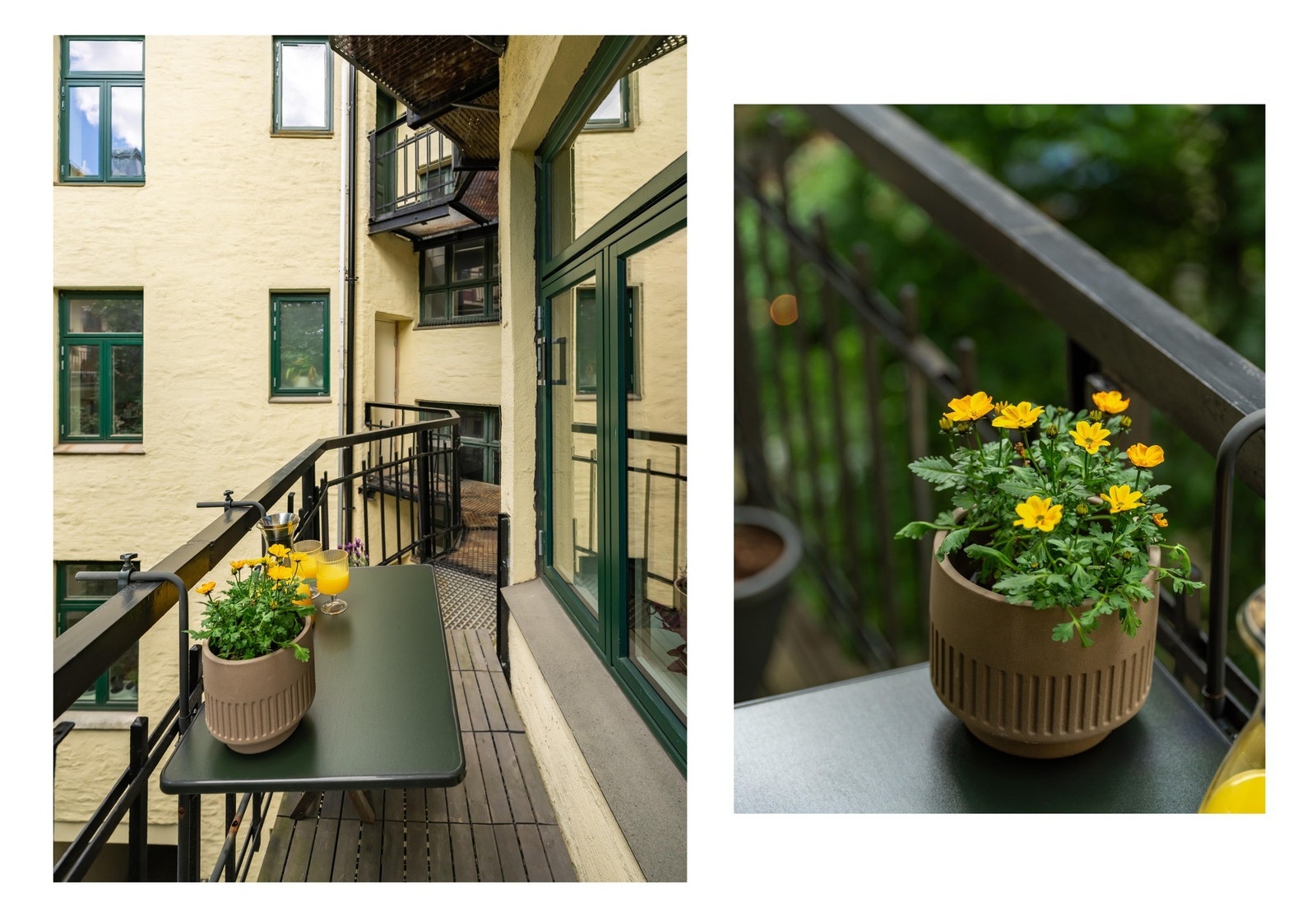 Selger har benyttet brannbalkongen til å nyte sola i finværet. Ettersom dette er en rømningsvei, skal det dog være fri ferdsel og ikke oppbevares gjenstander her på daglig basis. Galleribilde