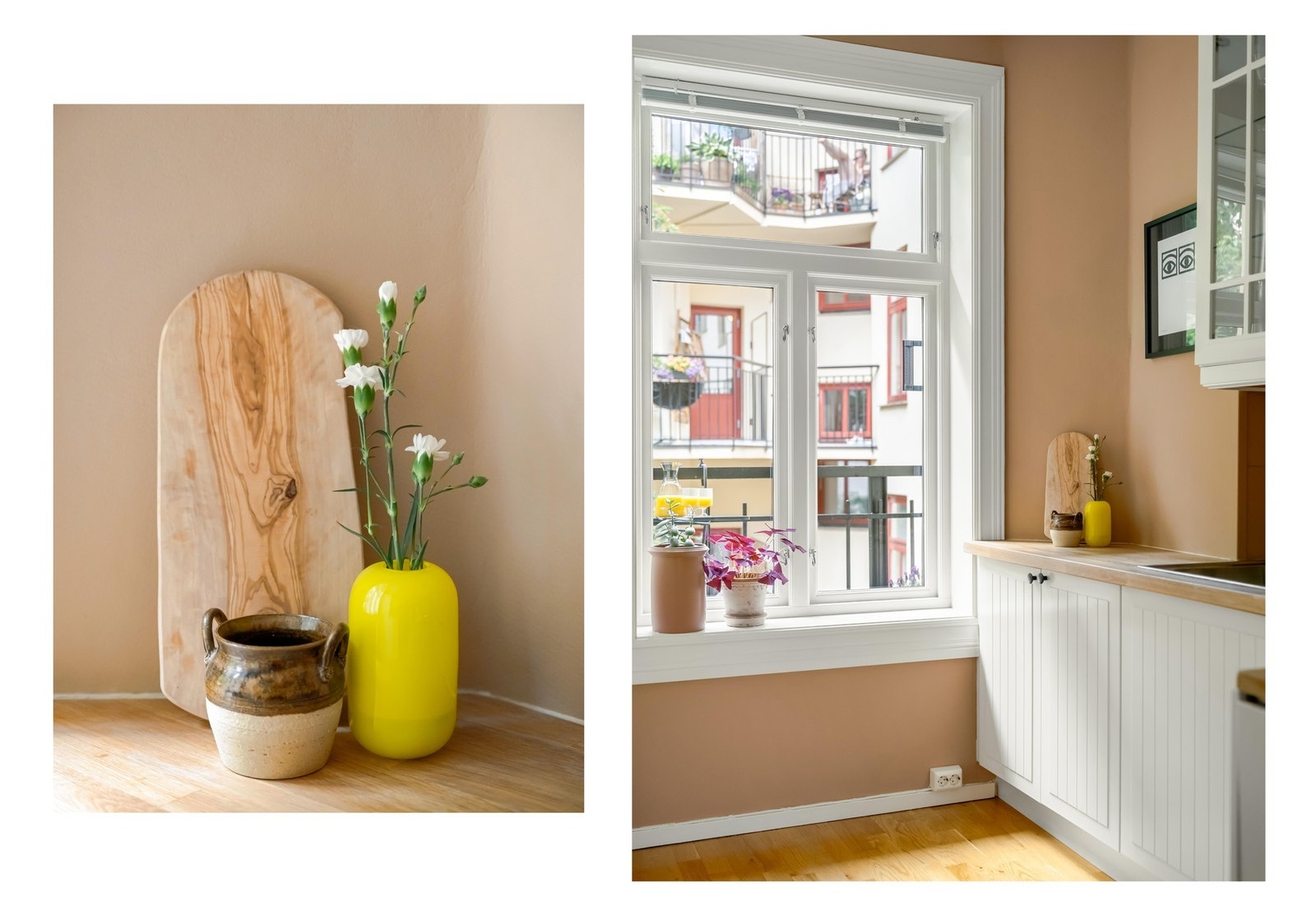 Kjøkkenet fremstår som moderne med hvite fronter og benkeplate i heltre. Galleribilde