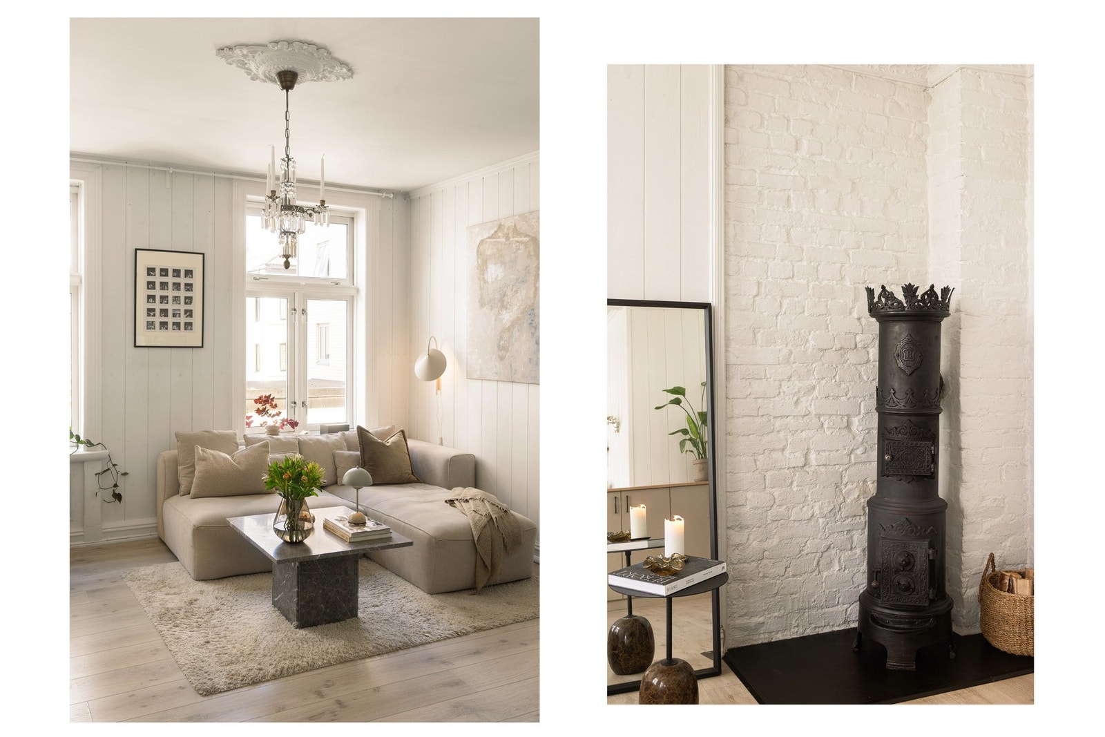 Leiligheten har en flott og klassisk kakkelovn i stuen. Denne kommer godt med på kalde vinterdager. Galleribilde