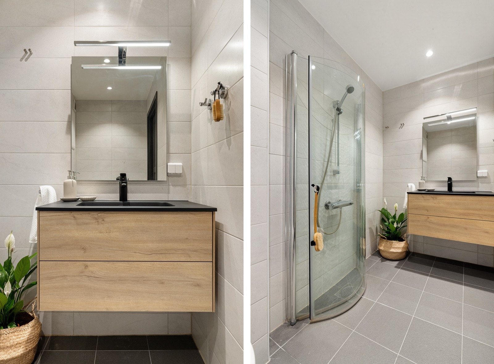 Badet er innredet med vegghengt toalett, dusj med innfellbare glassvegger og servantmøbel med romslige skuffer. Galleribilde