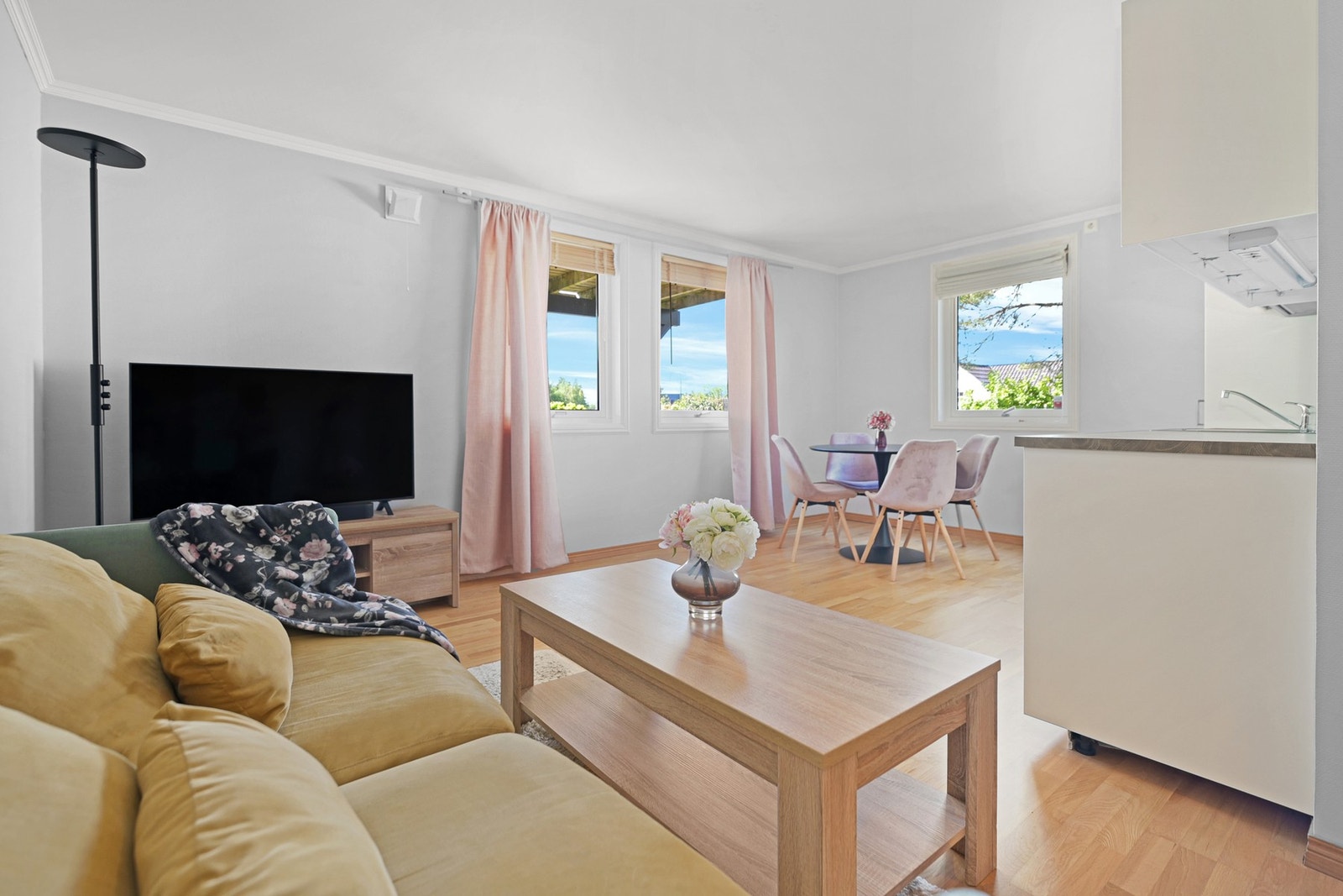 Stue med åpen kjøkkenløsning i utleiedelen. Galleribilde