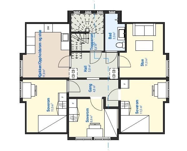 Boligen består av stue, kjøkken, 3 soverom, bad, gang, og felles vaskerom og bod i kjelleretasjen. Galleribilde
