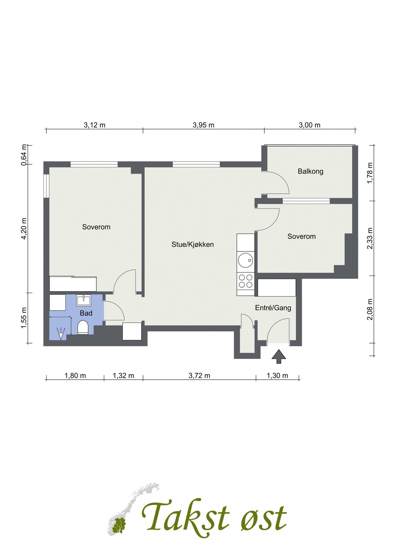 Plantegning. I tillegg disponerer leiligheten en kjellerbod på ca. 1,3 kvm. Galleribilde