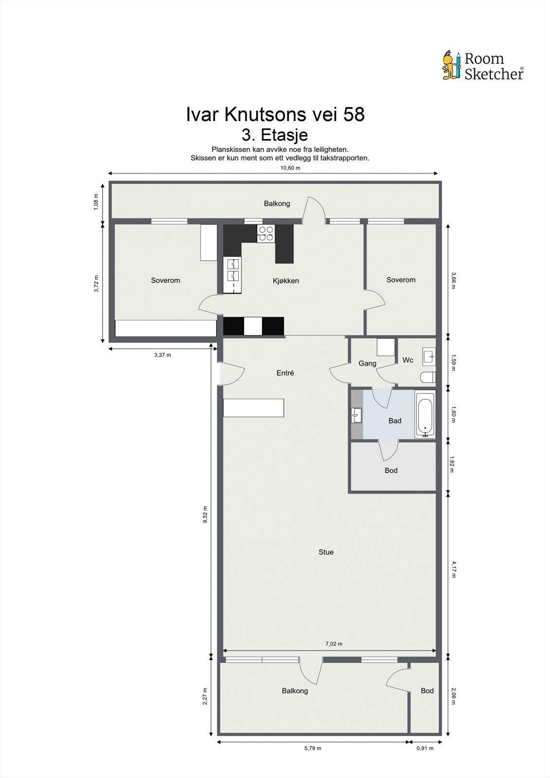 Oversiktlig planløsning med to soverom, separat kjøkken og to flotte uteplasser. Galleribilde