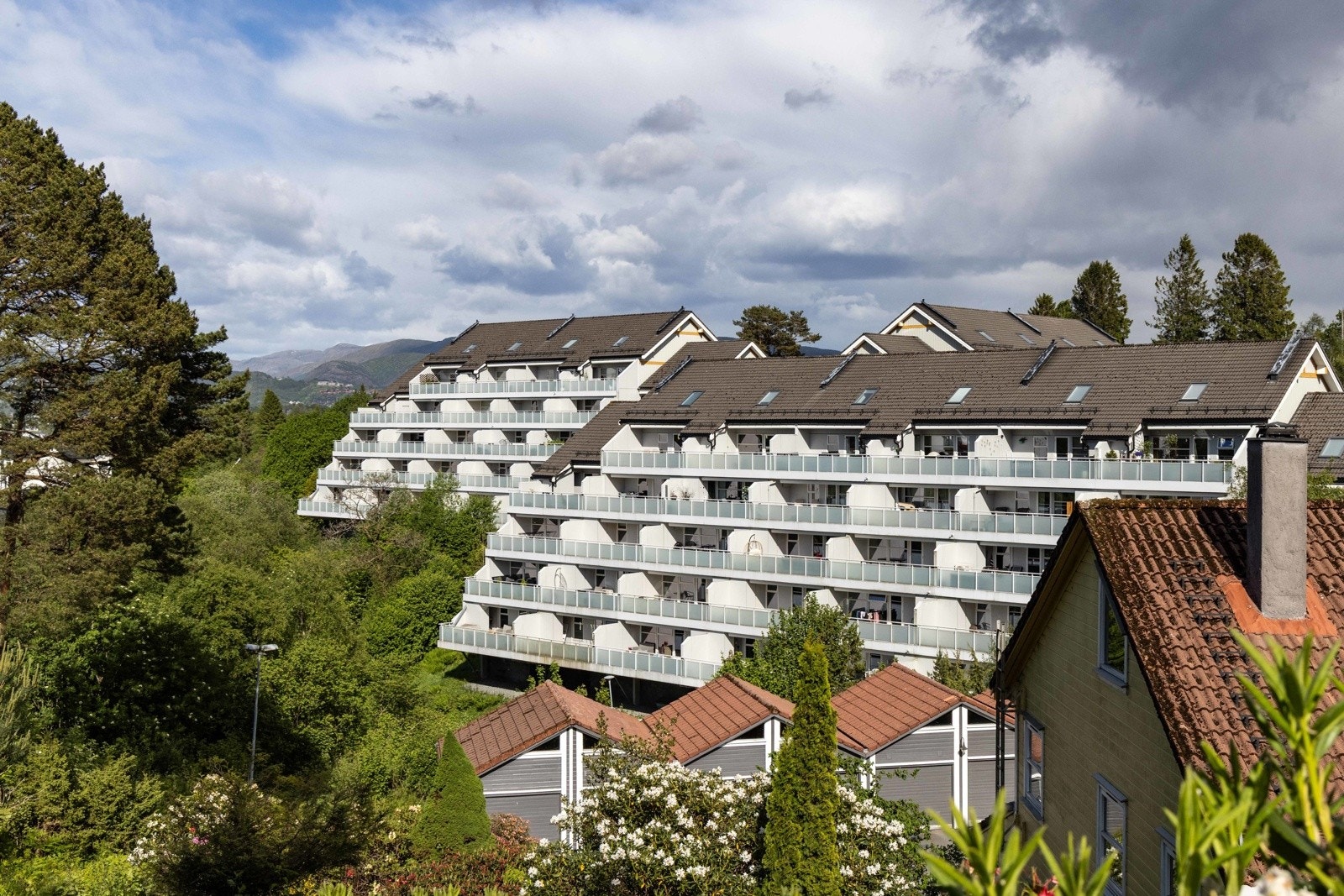Velholdt borettslag med frodig beplantning og rolige omgivelser - her bor du høyt, fritt og tilbaketrukket. Galleribilde