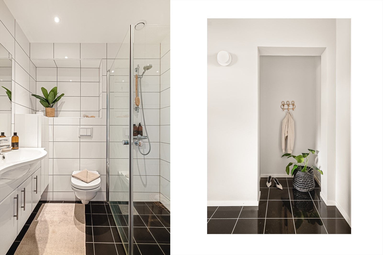 Stilrent helfliset bad i tråd med resten av leilighetens tråd i sort og hvitt. Helfliset med varme i gulv, downlights i himling. Galleribilde