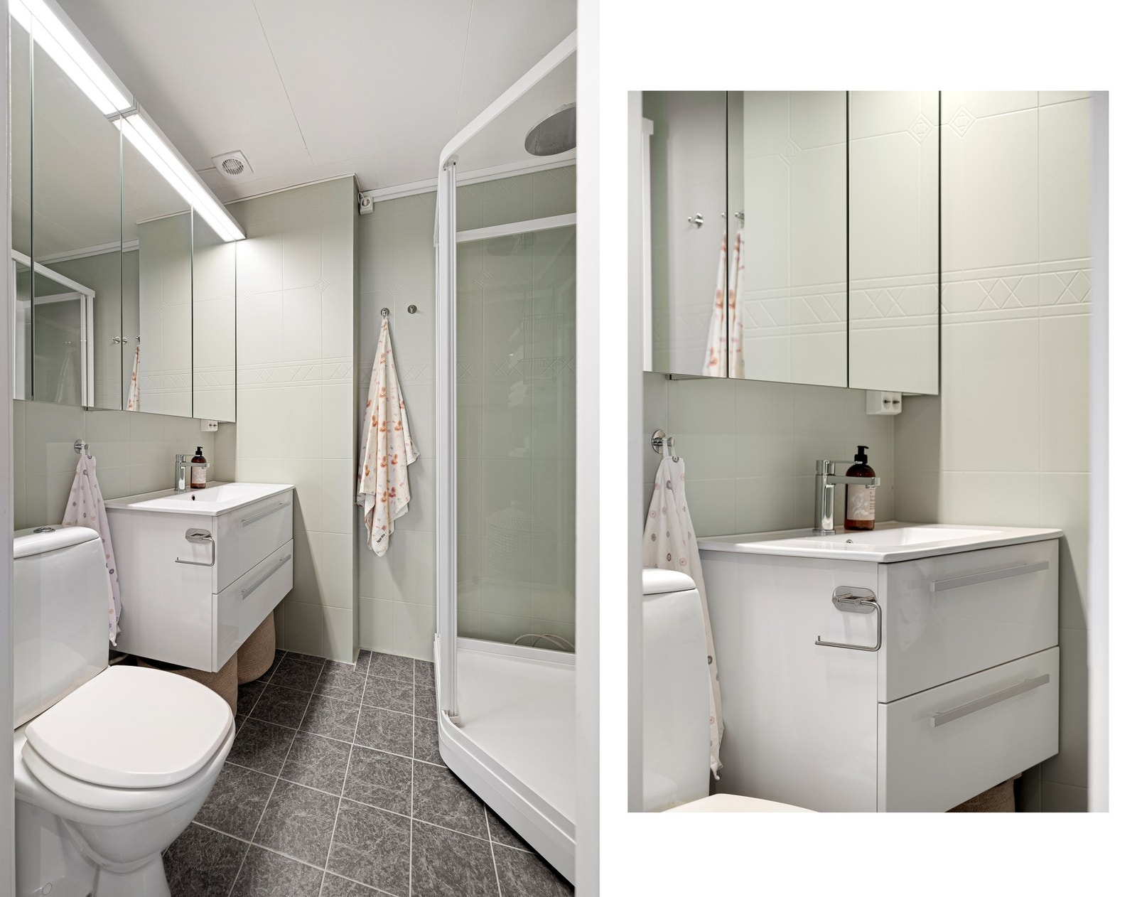 Badet er utstyrt med dusjkabinett, toalett og baderomsinnredning med speilskap Galleribilde