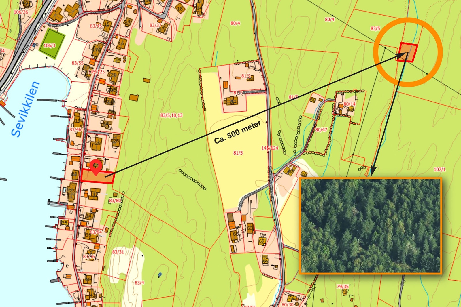 BONUS! I tillegg til hovedtomten så følger det med et tilleggsareal på 693 m². Arealet er et skogsområde som ligger ca. 500 m. nordøst for eiendommen Galleribilde