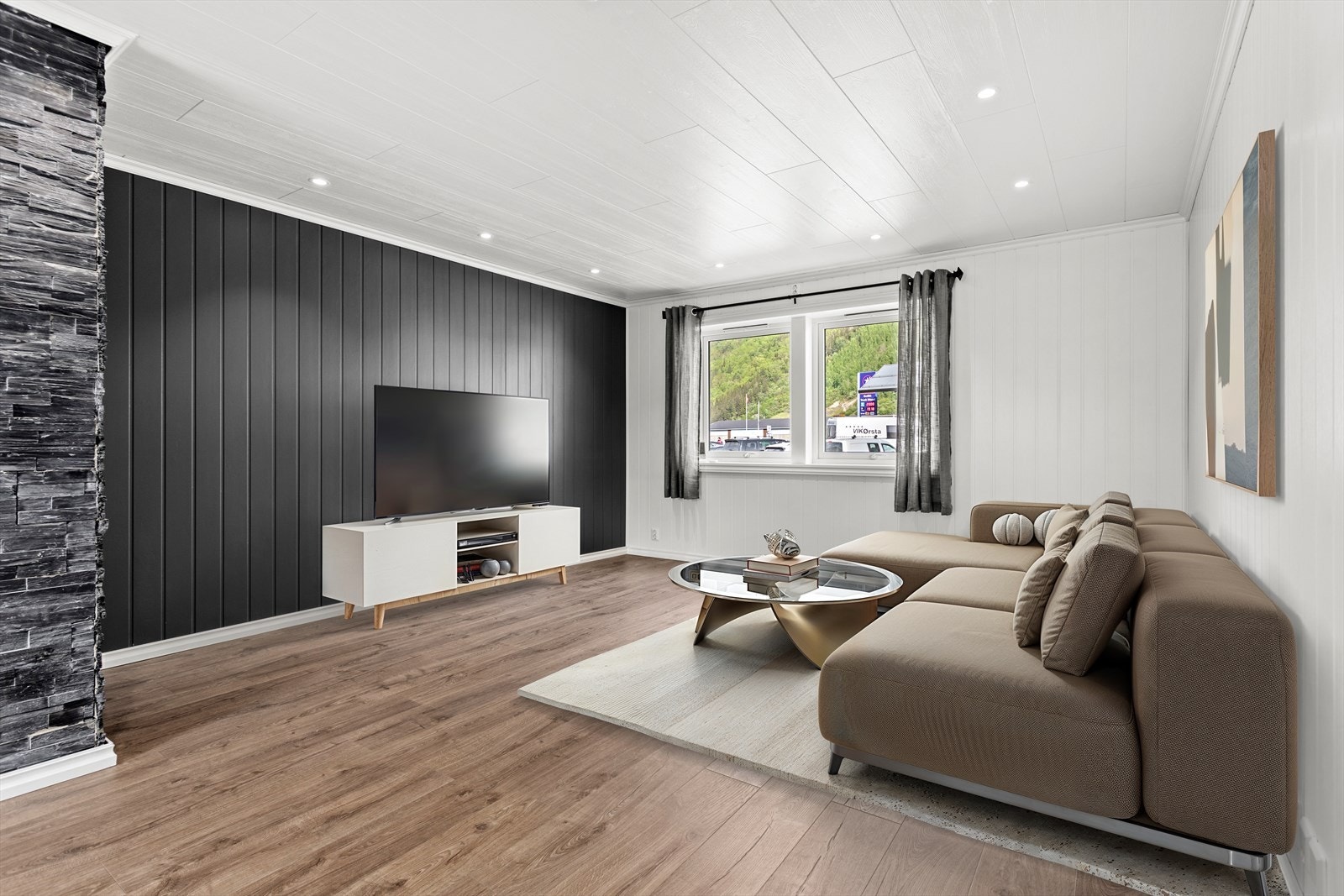 Sidan bustaden står tom, så har vi redigert inn 3D møblar for å vise korleis rommet kan sjå ut møblert. Galleribilde