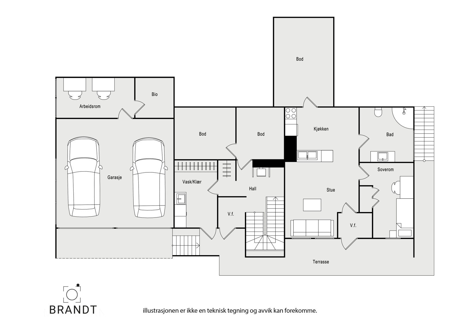 Plantegning over boligen første etasje med to romslige boder og garasje, entrè og hall med eget vaskerom. Leiligheten inneholder entrè, ett soverom, romslig bod, bad og åpen stue- og kjøkkenløsning Galleribilde