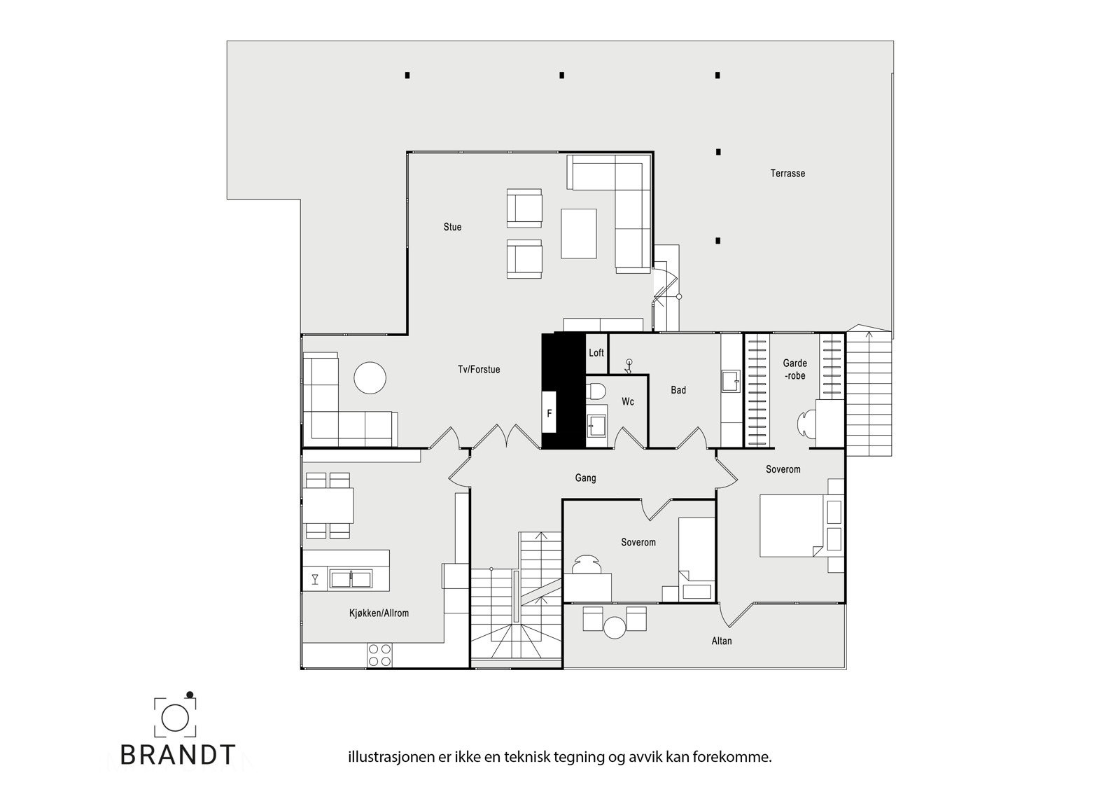 Plantegning over boligens hovedetasje med to soverom, walk-in garderobe, bad og toalettrom, kjøkken og stue med utgang til stor terrasse og hage! Galleribilde