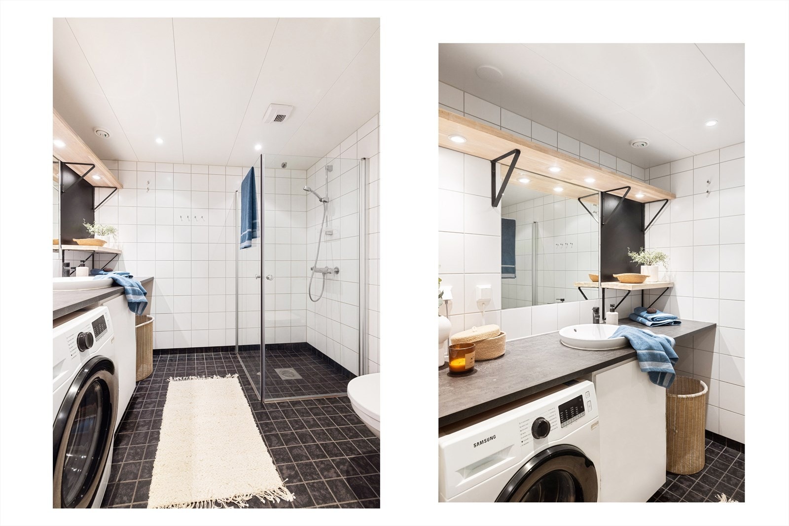 - Stort servantskap med hvite glatte fronter og hylle med belysning. Samt god løsning for vaskemaskin under benk - Galleribilde