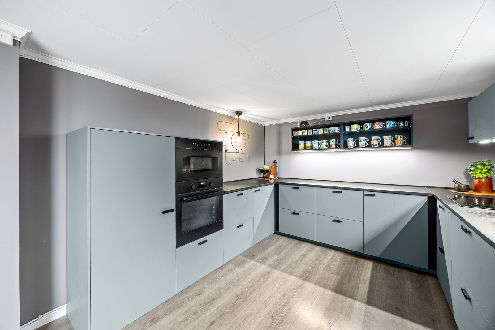 Kjøkkenet har integrerte hvitevarer som platetopp, stekeovn, mikroovn, oppvaskmaskin og kjøleskap. Galleribilde