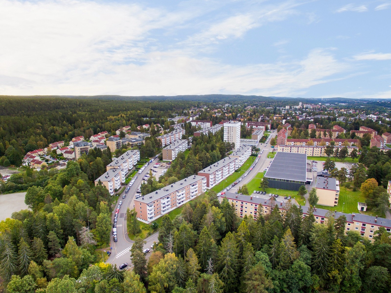 Dronebilde borettslaget. Østmarka i bakgrunn. Galleribilde