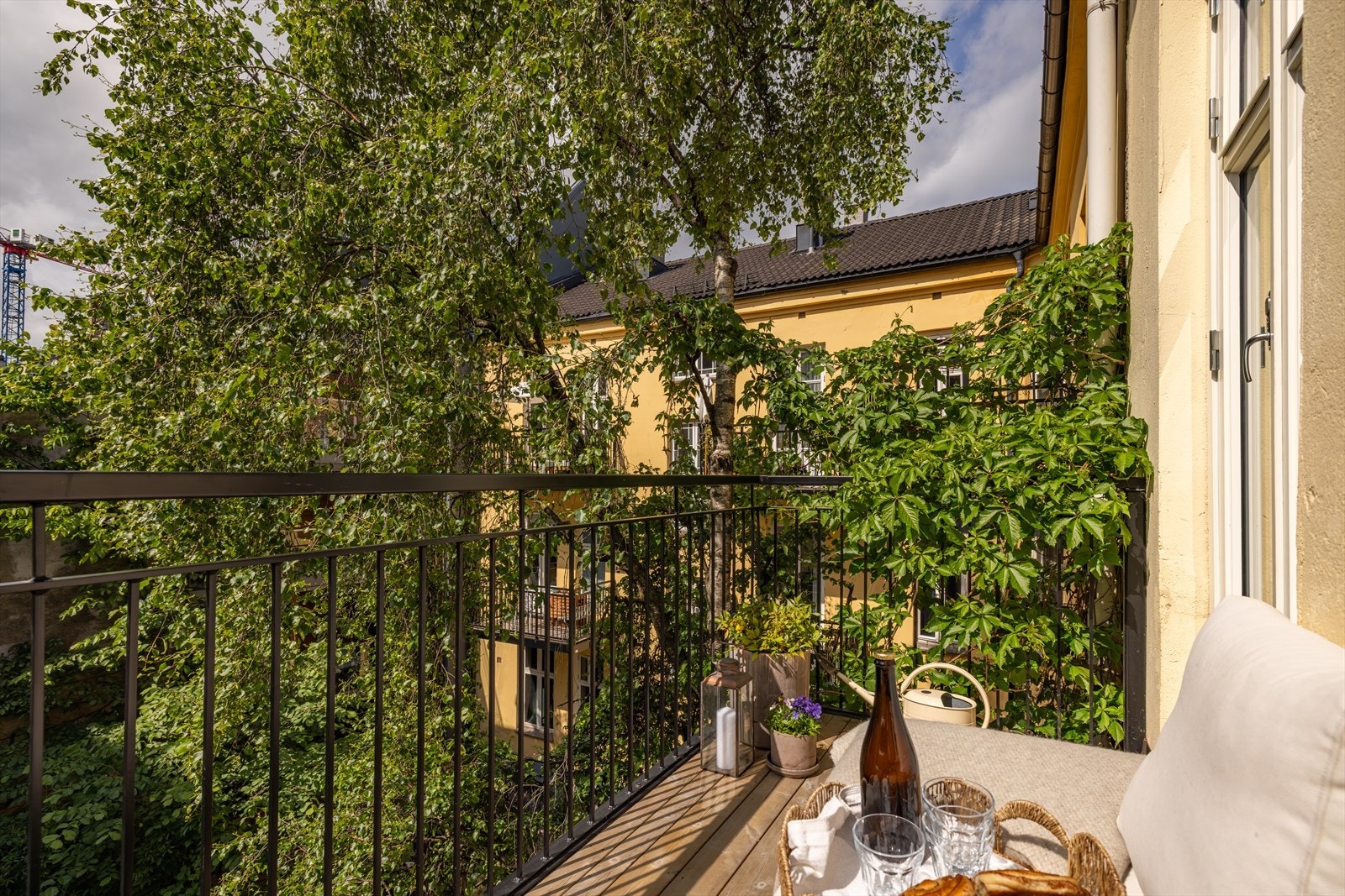 Frodig klatreplante i enden av balkongen. Galleribilde