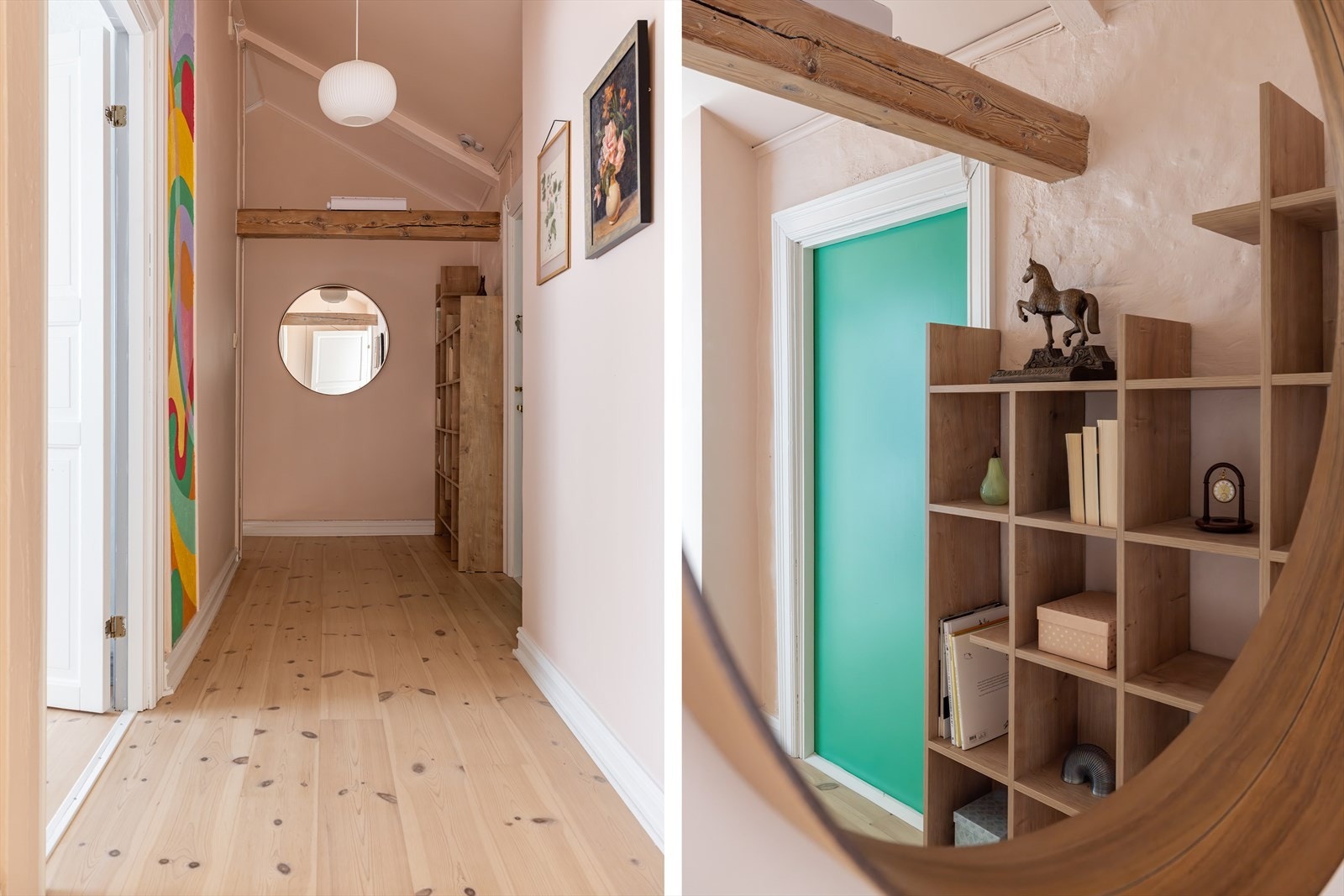 Utgang til trappeløp med loftsbod rett innenfor. Hylle medfølger. Galleribilde