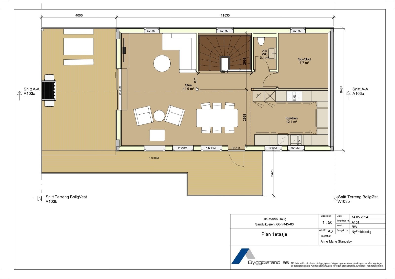 Forslag til hytte som kan oppføres på tomten. Plantegning. 1.etg. Galleribilde