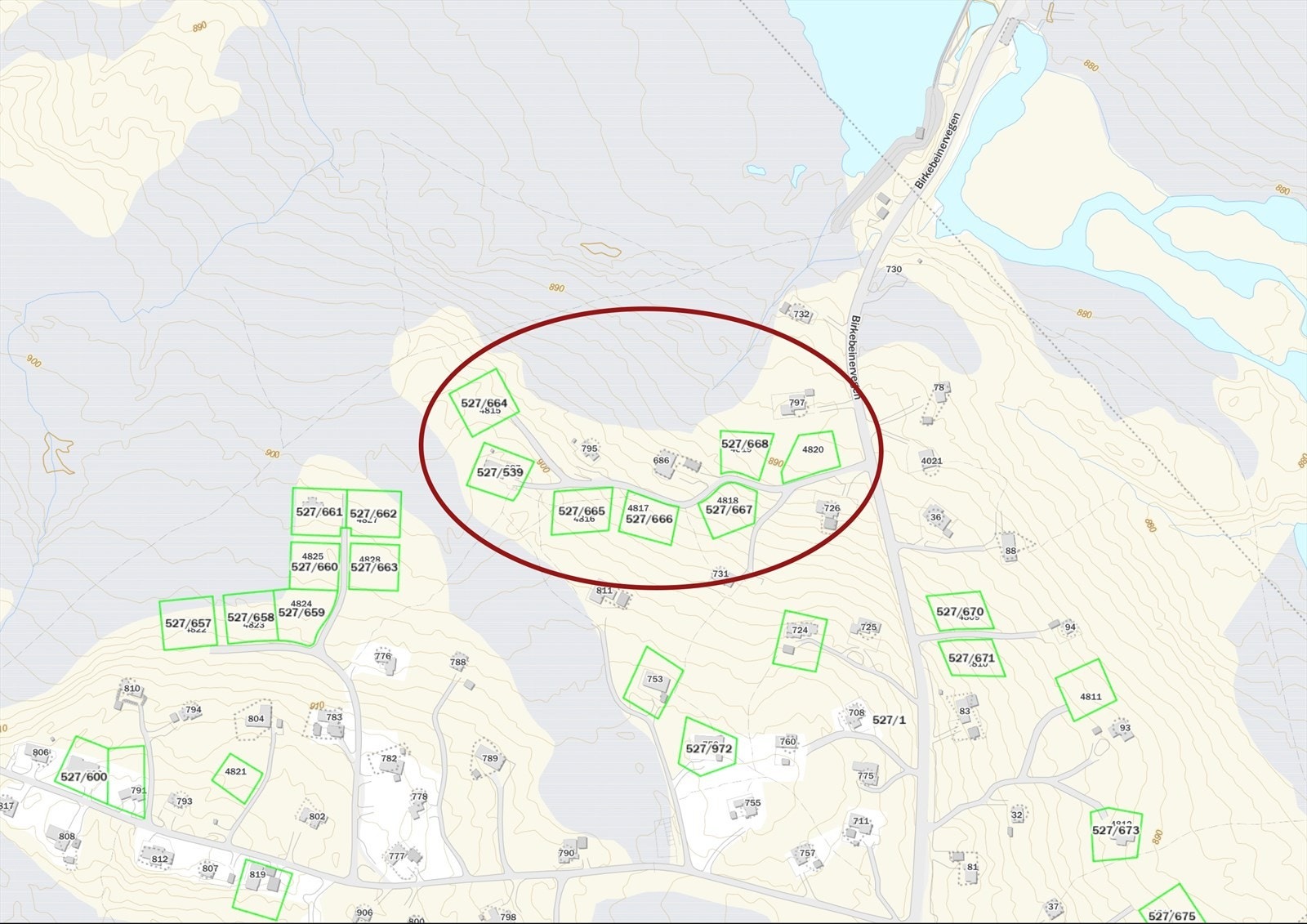 Oversikt over tomtene. 4815 ligger fint til i enden av stikkveien. Galleribilde