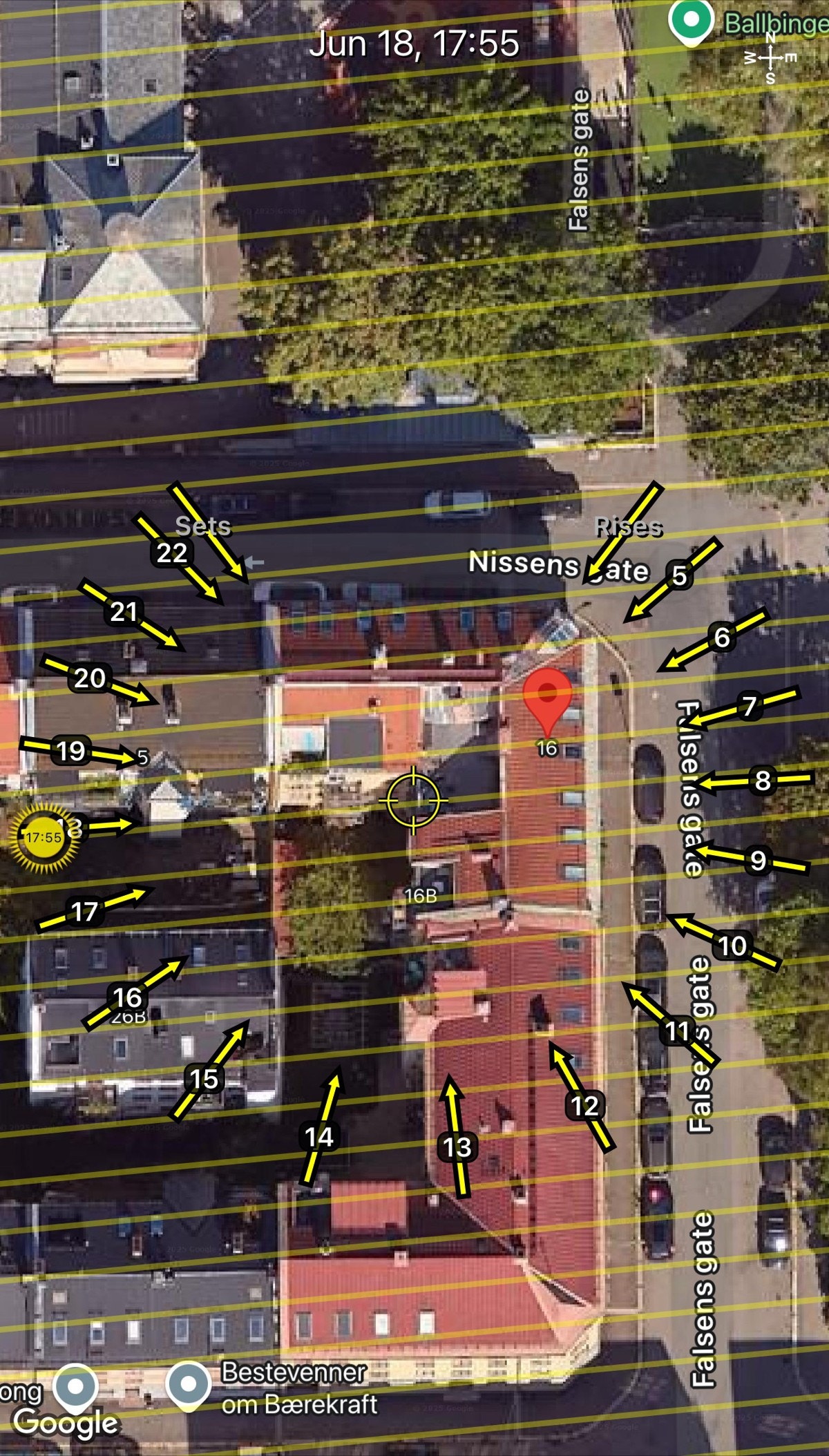 Solkart som viser solens bane på sommerstid. Sola går over takene og varer til ca. 19 om sommeren. Galleribilde