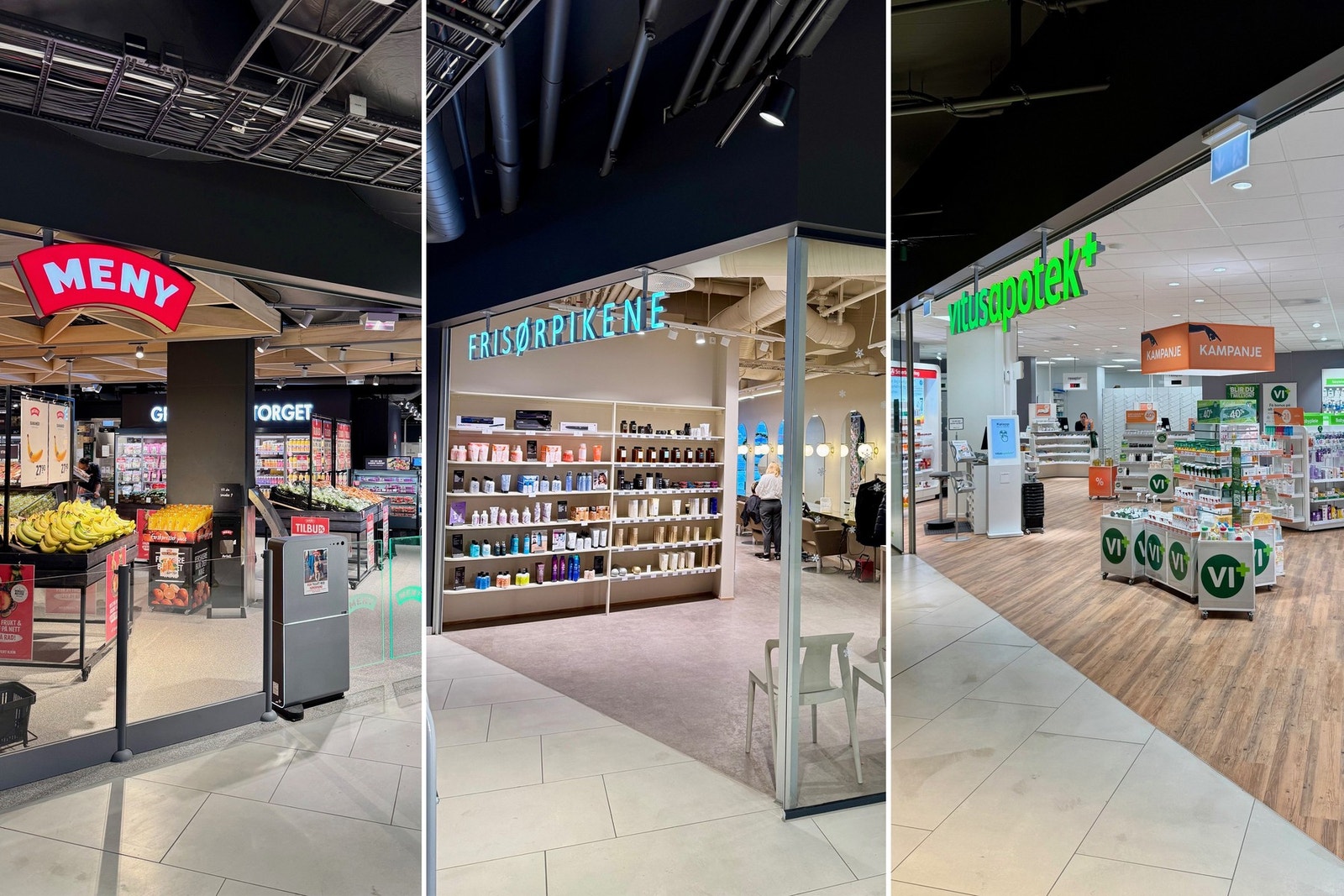 Frysja Torg kan by på blomsterbutikk, apotek, frisør, Jønk og Meny. Galleribilde