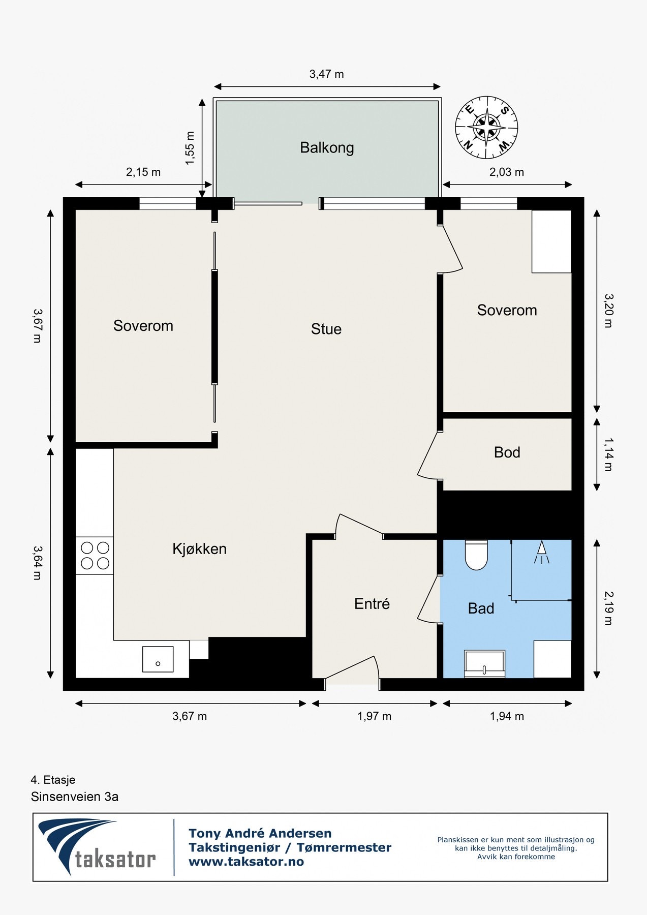 Leiligheten har to soverom, stue, kjøkken, bad, bod og balkong. Den ligger i fjerde etasje. Galleribilde