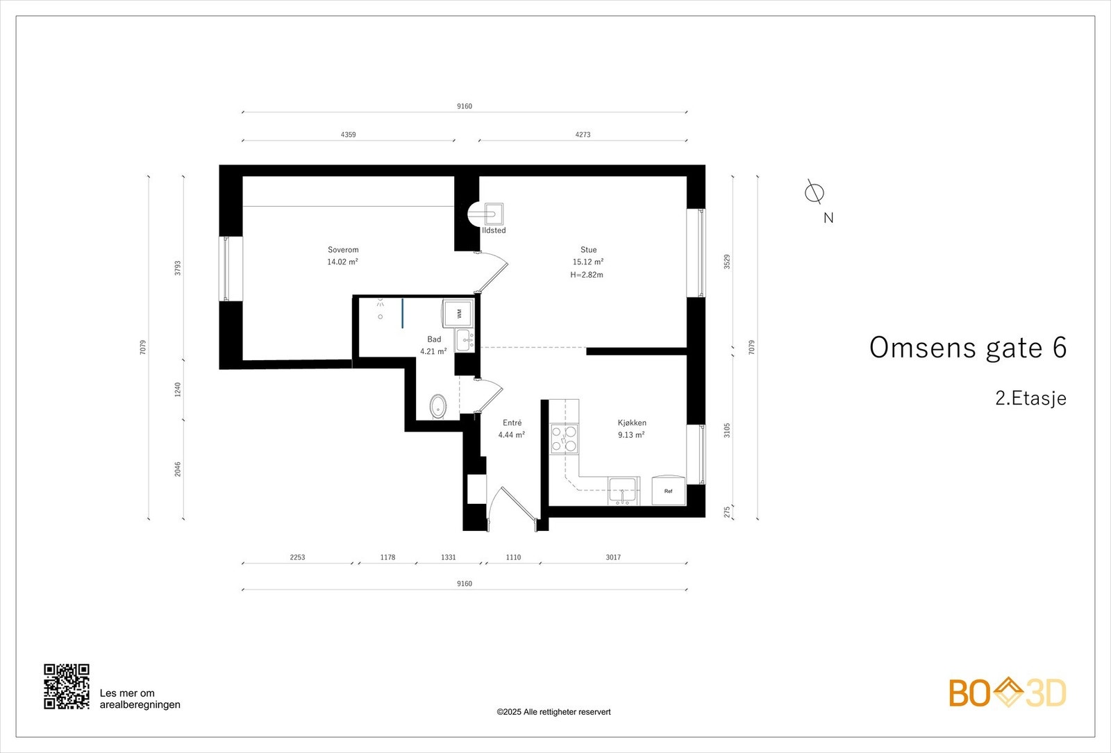 Vi ser litt nærmere på boligens planskisse med én gang. I tillegg til innvendige arealer disponerer boligen 2 boder på totalt 9 kvm. Galleribilde
