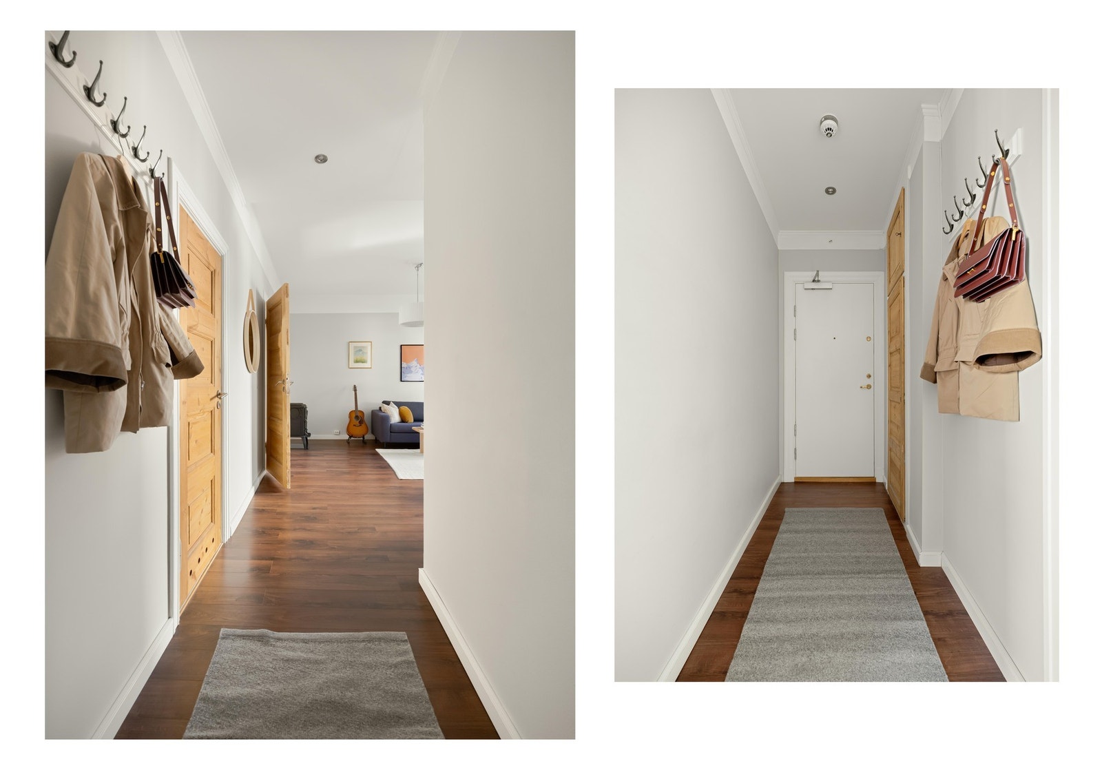 Entreen gir et godt førsteinntrykk av leiligheten. Her er det mulig å henge fra seg yttertøy og gjemme bort støvsugeren i innvendig skap. Galleribilde