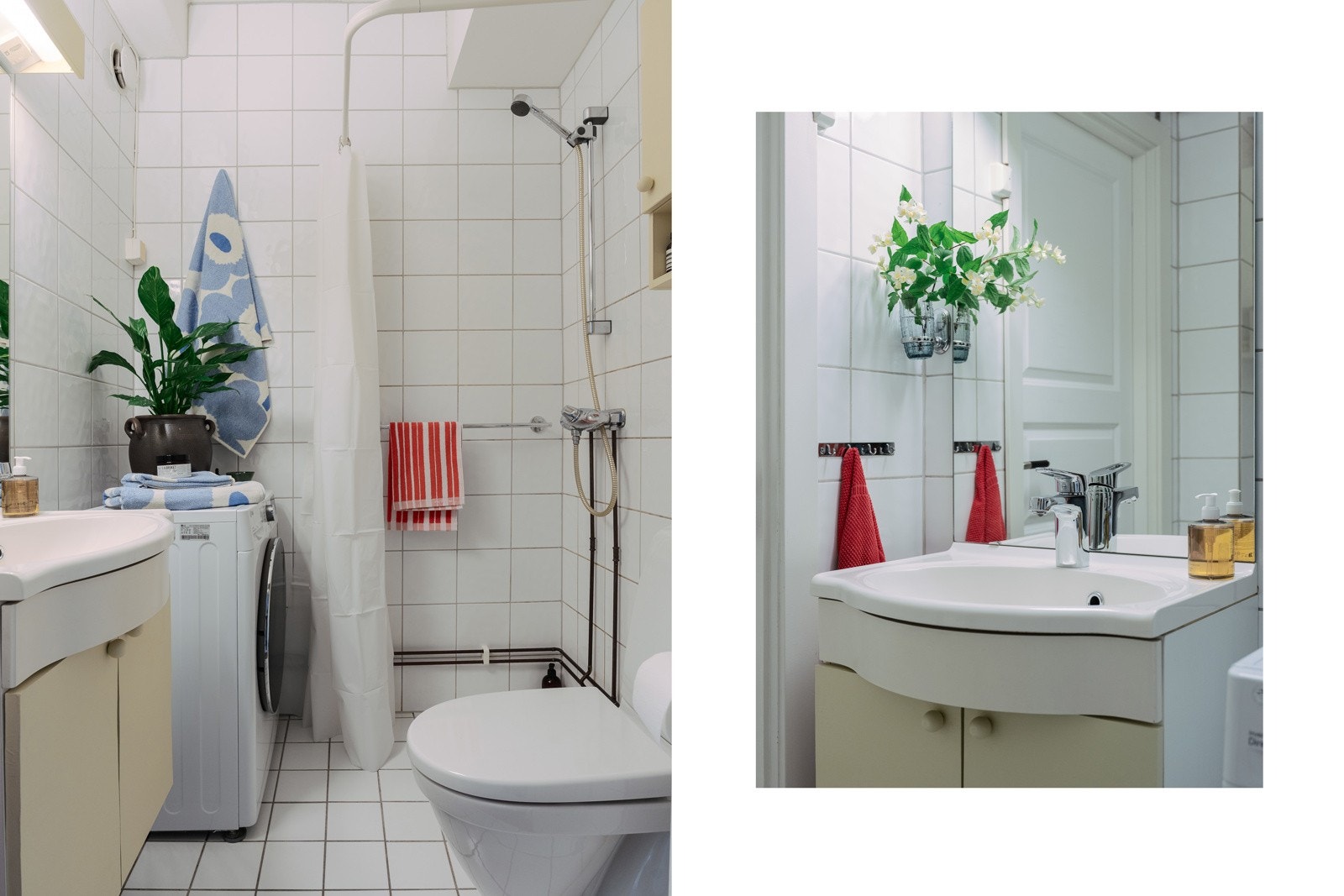 Badet ble rehabilitert i regi av borettslaget. Rommet inneholder et servantskap med speil og lys, toalett fra 2018 og dusjsone. Det er opplegg for vaskemaskin. Fyring og varmtvann inkludert. Galleribilde