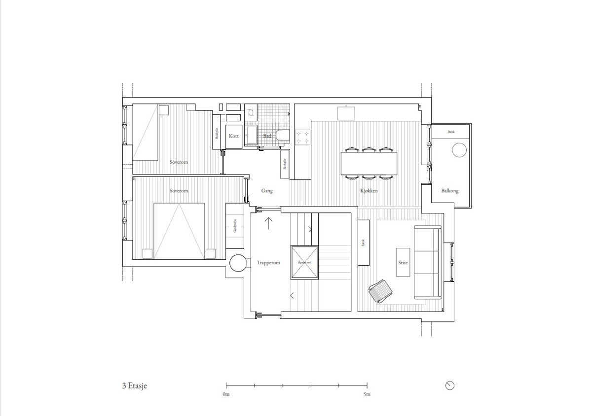 Plantegning, kun til illustrasjon. Selgers ord: "Etter ombyggingen satt vi igjen med to soverom av god størrelse, et vesentlig større og mer sosialt kjøkken- og spiseområde, en hyggelig stue, gang, bad og et praktisk kott." Galleribilde