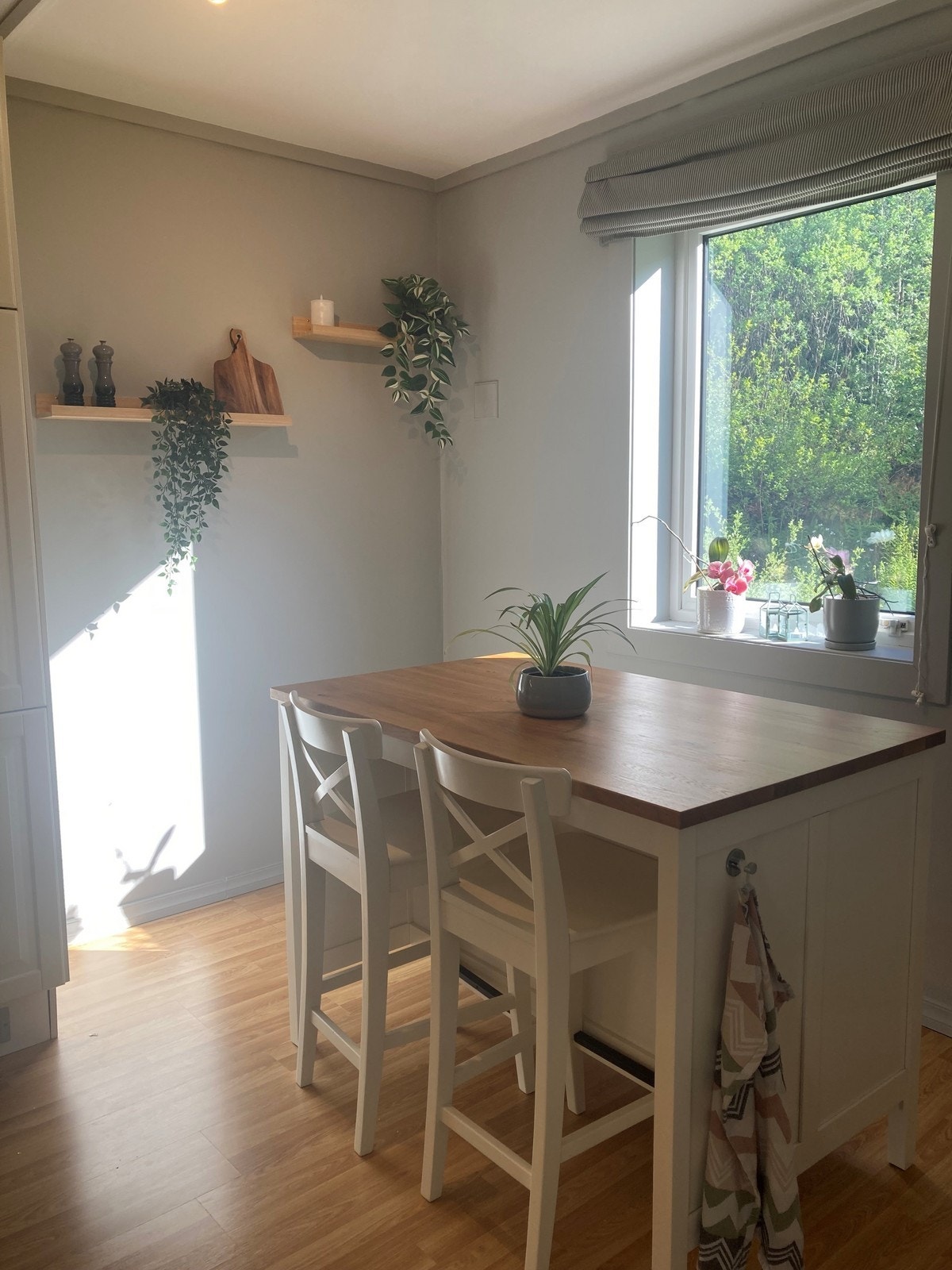 Kjøkkenet har en koselig frokost-øy med koselig utsyn til natur. Galleribilde