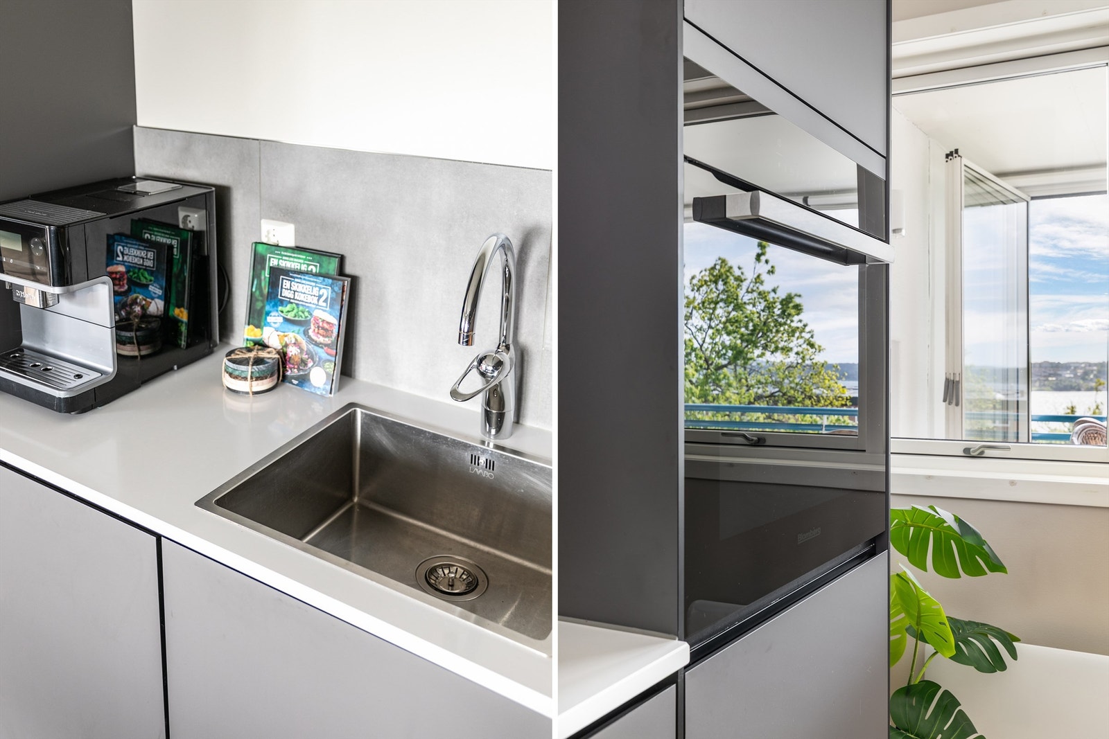 Kjøkkenets hvitevarer er alle integrert - stekeovnen i hendig arbeidshøyde. Galleribilde