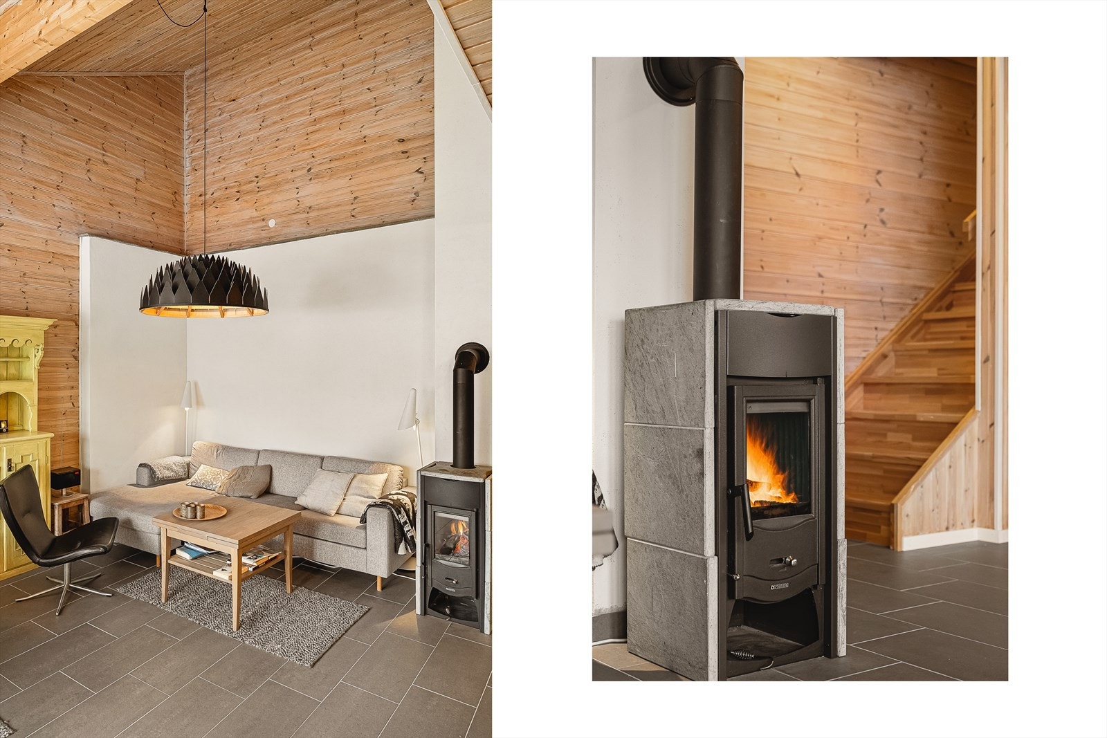 Panel på vegger, og flislagt gulv med varmekabler (i hele etasjen). Pen vedovn med klebersten, som holder godt på varmen. Galleribilde