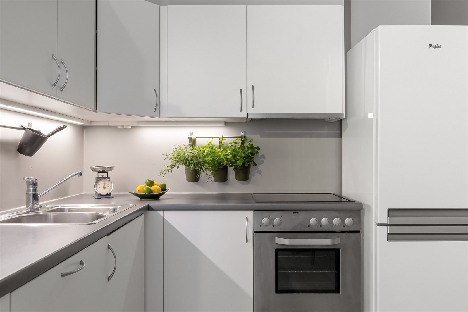 Stekeovn, platetopp og oppvaskmaskin er integrert i innredningen. Galleribilde