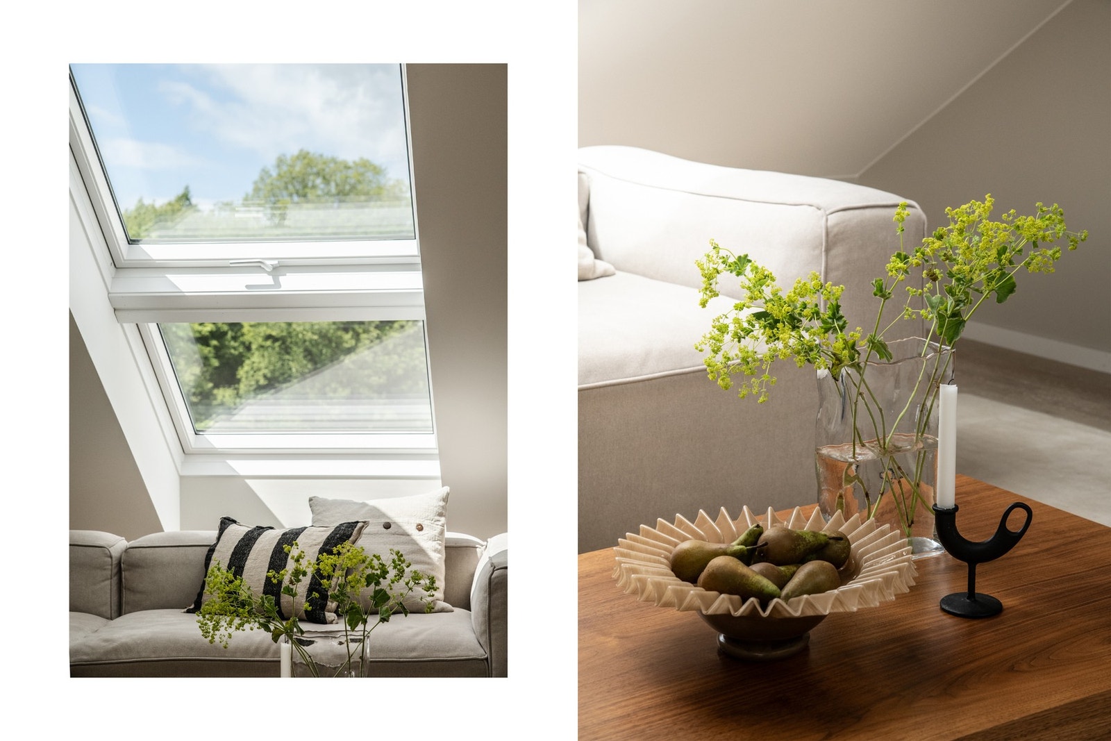 Vinduene kan åpnes for å slippe inn frisk luft, og spesielt vinduet ved sofasonen gir både grønt utsyn og en behagelig forbindelse med uteomgivelsene. Galleribilde