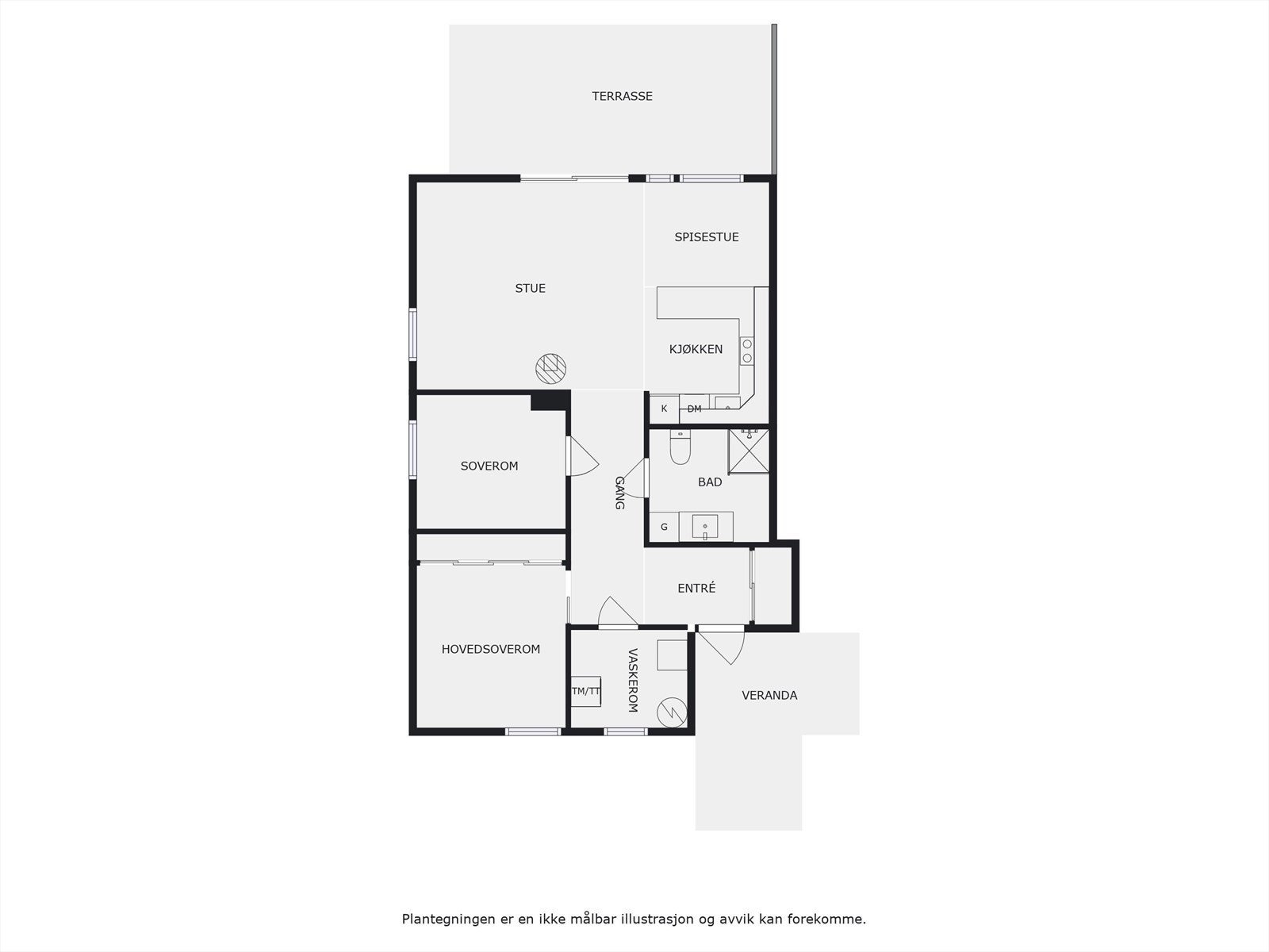 Plantegning 1. etasje. I tillegg disponerer leiligheten en bod på 5m² i felles uthus og en parkeringsplass med elbil-lader i felles carportanlegg. Galleribilde