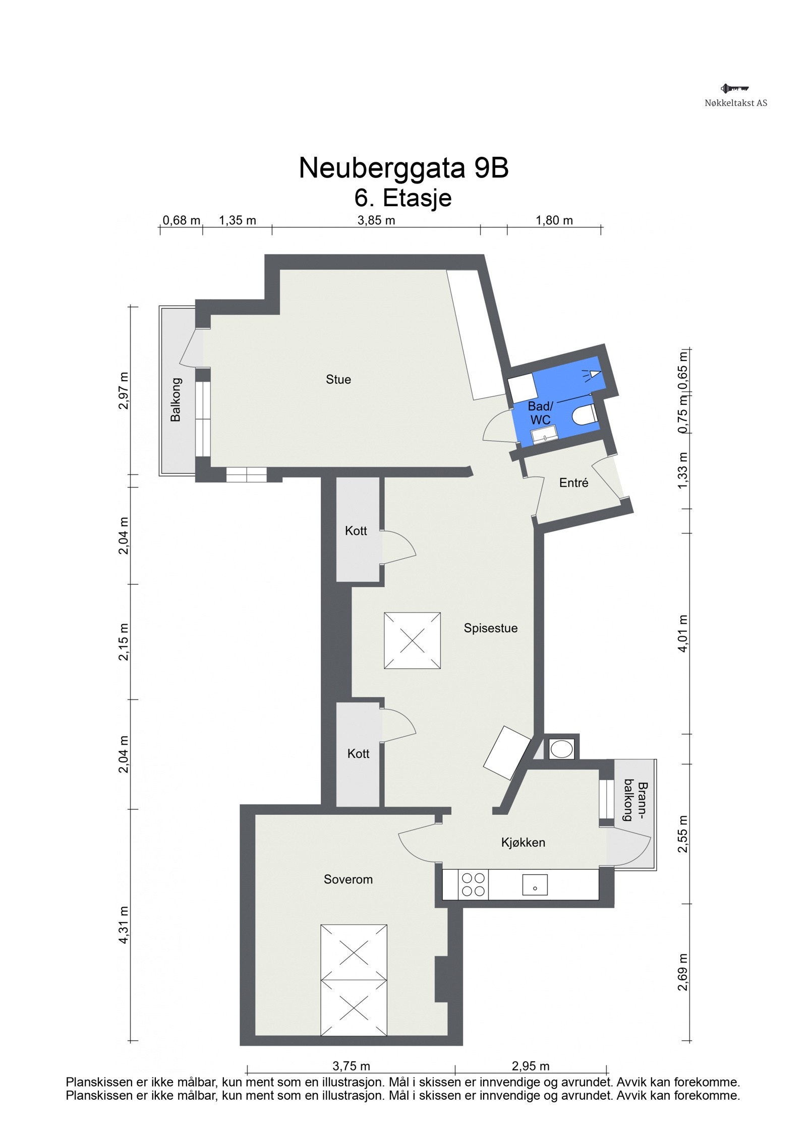 Plantegning 6 etg (57 kvm BRA-i / 72 kvm gulvlate): Entré, stue, to soverom, separat lunt kjøkken og baderom. Vestvendt balkong fra stue/sov og østvendt brannbalkong fra kjøkken. Galleribilde