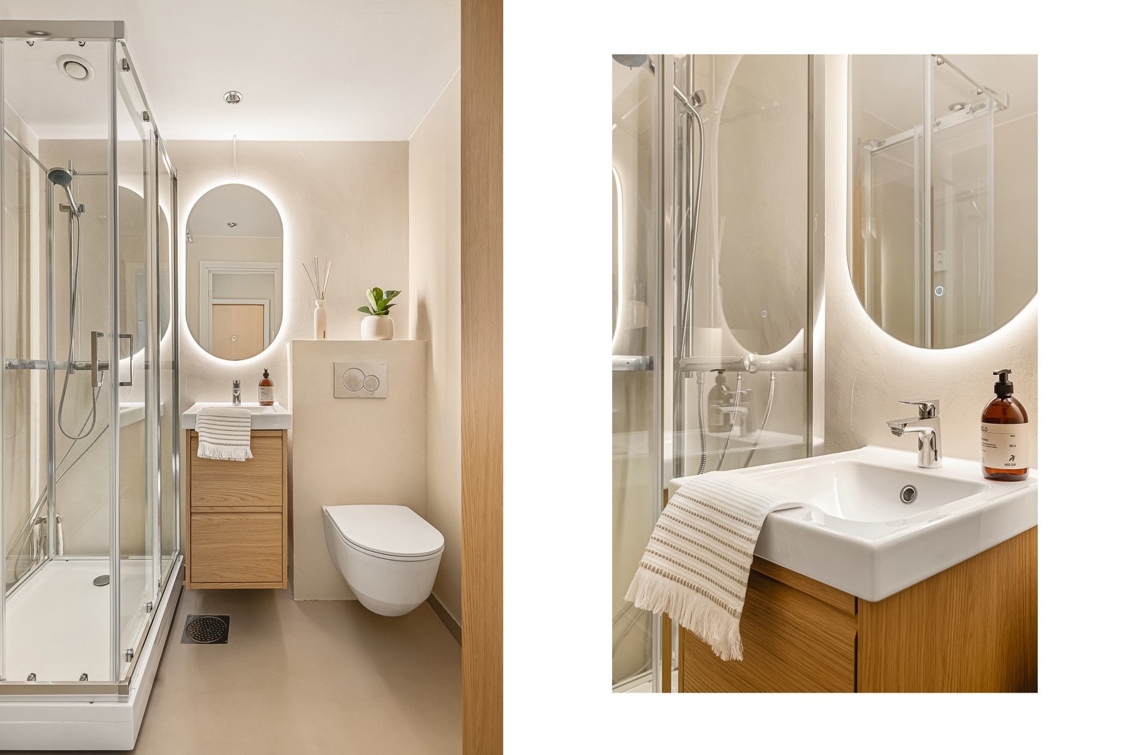 Pent bad modernisert med mikrosement og ny innredning av nåværende eier. Det er opplegg for vaskemaskin på badet. Galleribilde