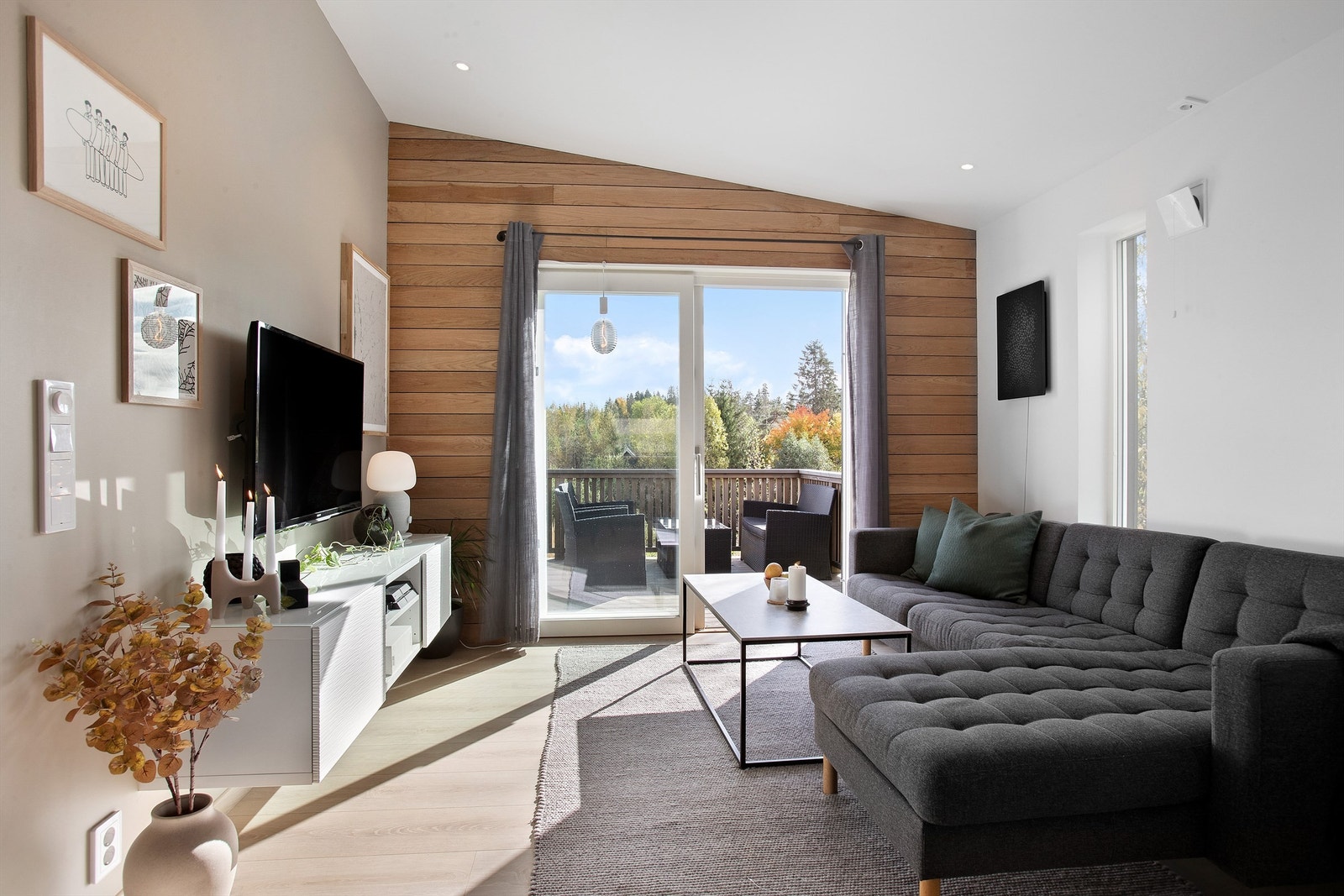 Fin stue med fondvegg og utgang til terrasse. Galleribilde