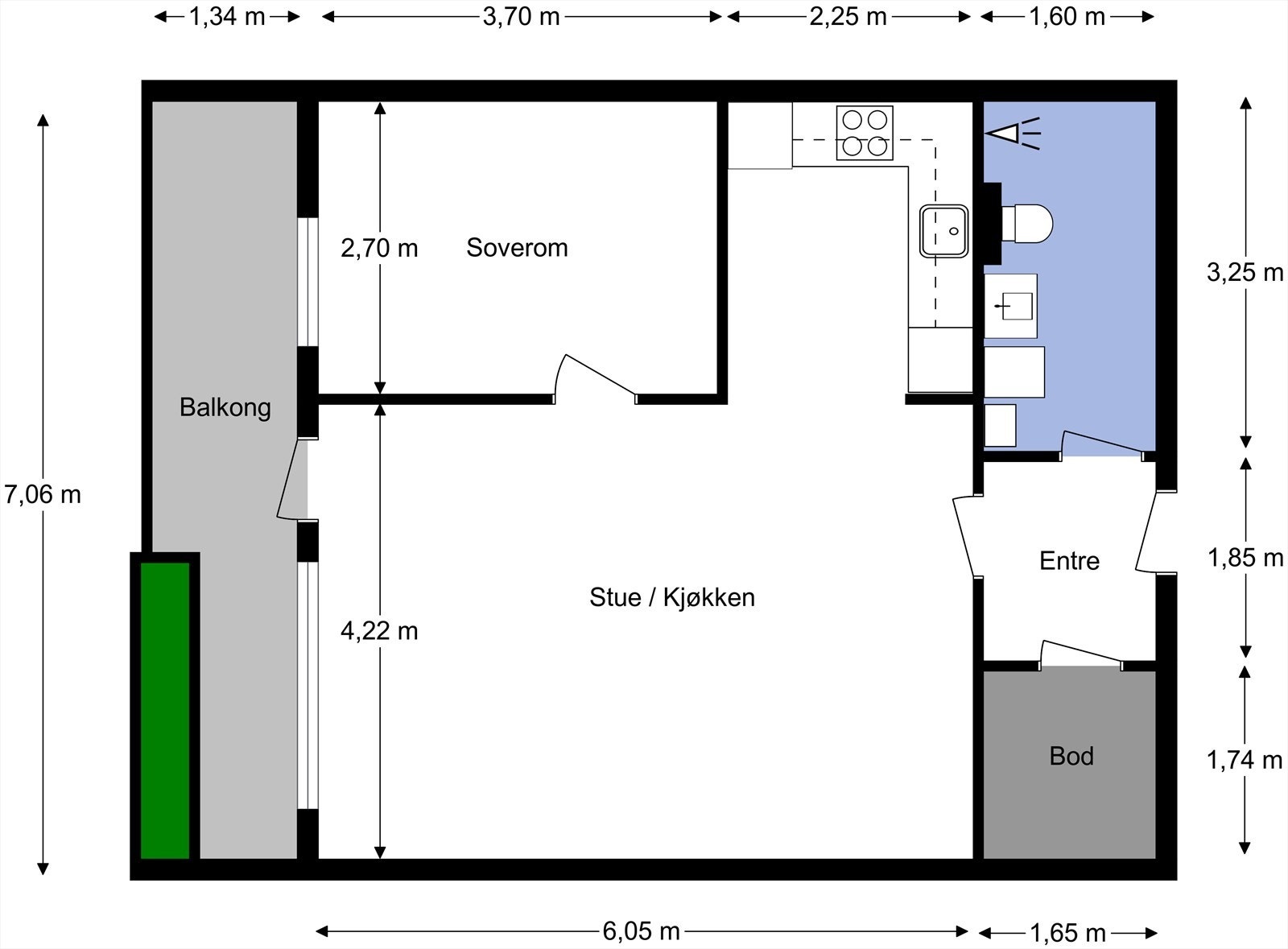Plantegning fra takstmann. Leiligheten inneholder entré, stue, kjøkken, soverom, bod og bad. Utgang fra stue til balkong. Garasjeplass medfølger. Galleribilde