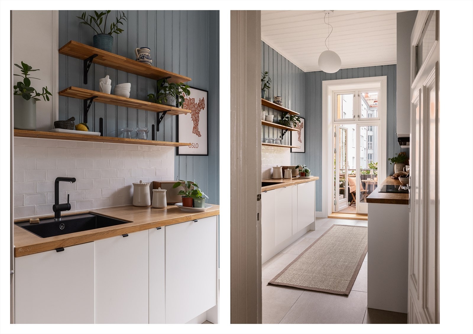 Kjøkkeninnredning med hvite glatte fronter, benkeplate i tre, underlimt oppvaskkum i kompositt, fliser over benk. Integrerte hvitevarer med induksjon platetopp, stekeovn, og oppvaskmaskin. Galleribilde