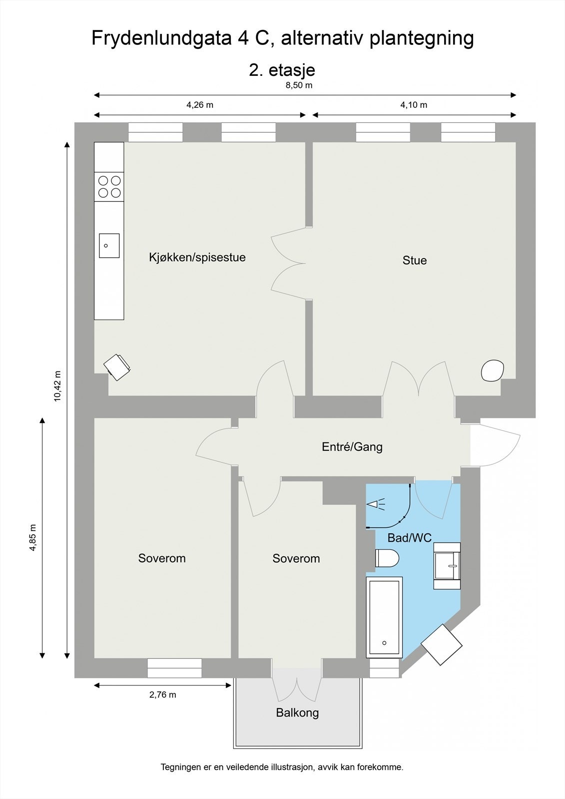 Alternativ planløsning med to soverom og åpen stue-/kjøkkenløsning. Skissen er kun ment som inspirasjon, og det tas forbehold om at eventuelle endringer må godkjennes av styret. Galleribilde