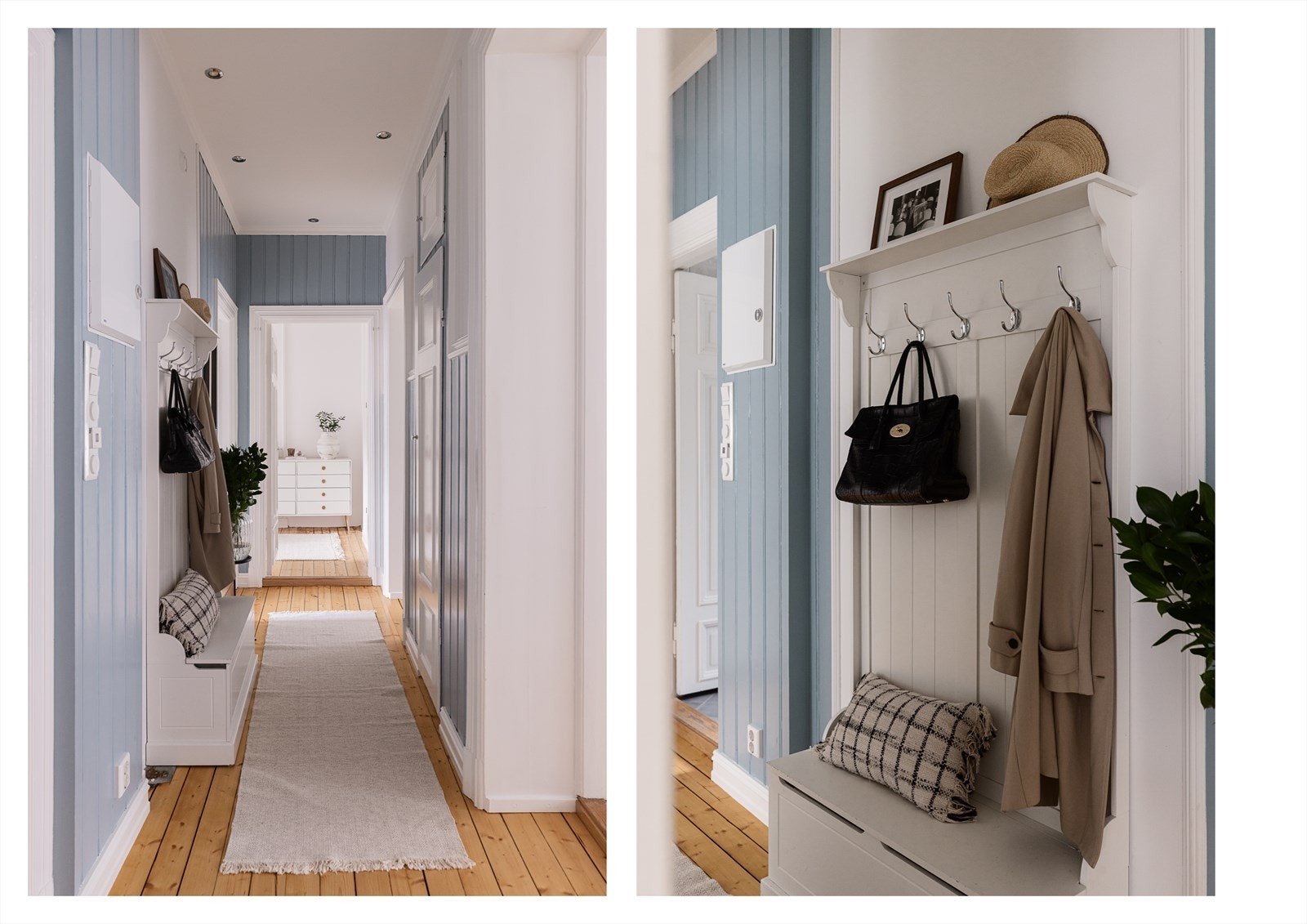 Hyggelig entré med plass til oppbevaring i innebygd skap til høyre og oppheng til venstre. Det er også gode muligheter for å etablere mer garderobeskap! Galleribilde