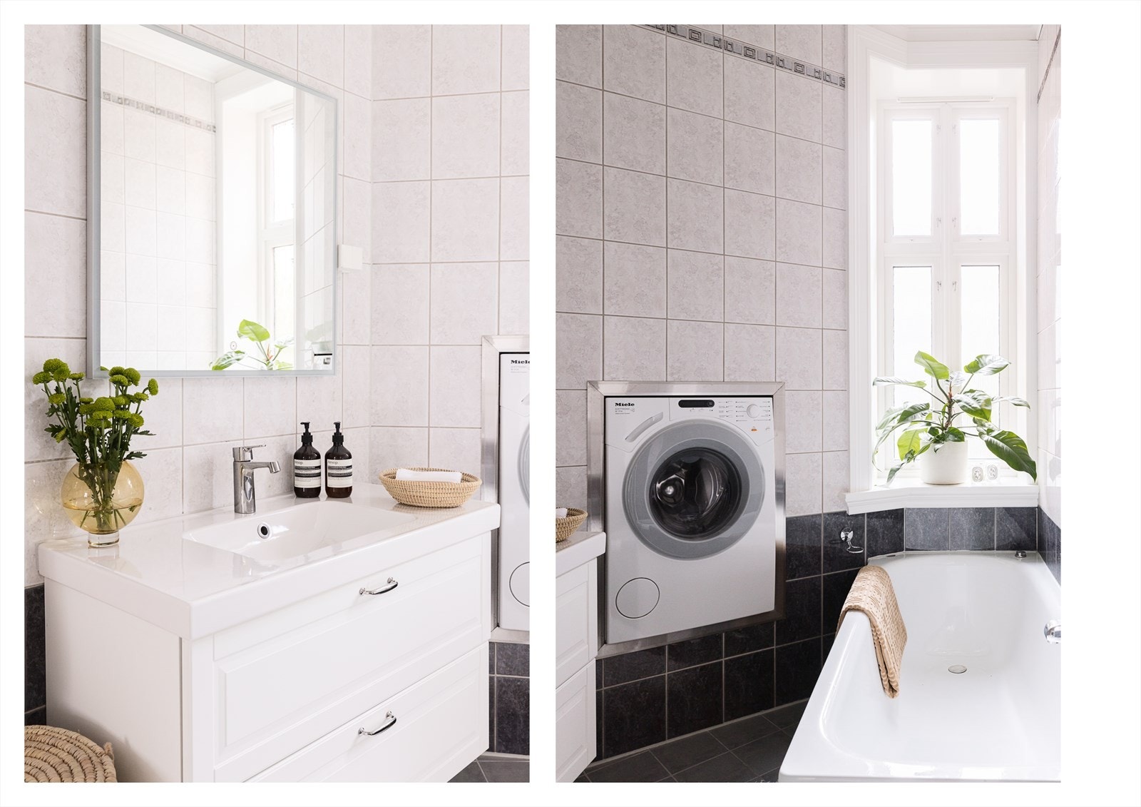 Badet består av vegghengt toalett, 100 cm servant med skuffer, innmurt badekar, dusjhjørne med glassvegger og opplegg for vaskemaskin innfelt i vegg. Galleribilde