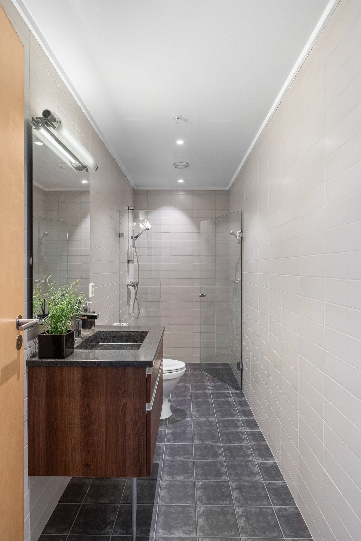 Av innredning er det en mørk skuffeseksjon med heldekkende servant, og over er det et stort speil med belysning. I tillegg til et toalett har badet en dusjnisje med innfellbar glassdør. Galleribilde